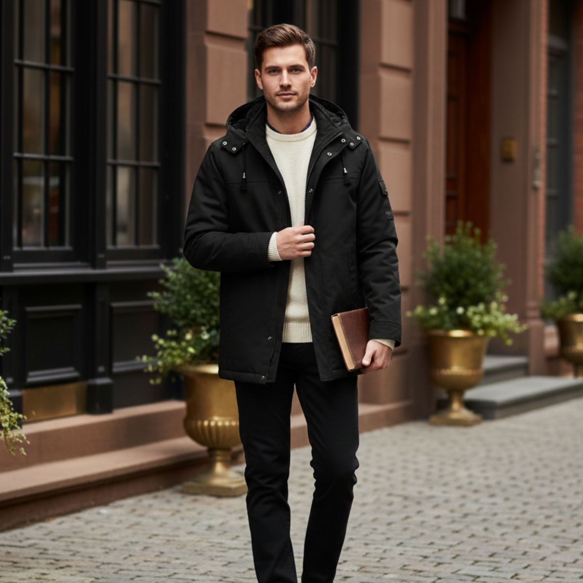 Callum | Men's Utility Parka Jacket Black Sherpa Lined Hood
