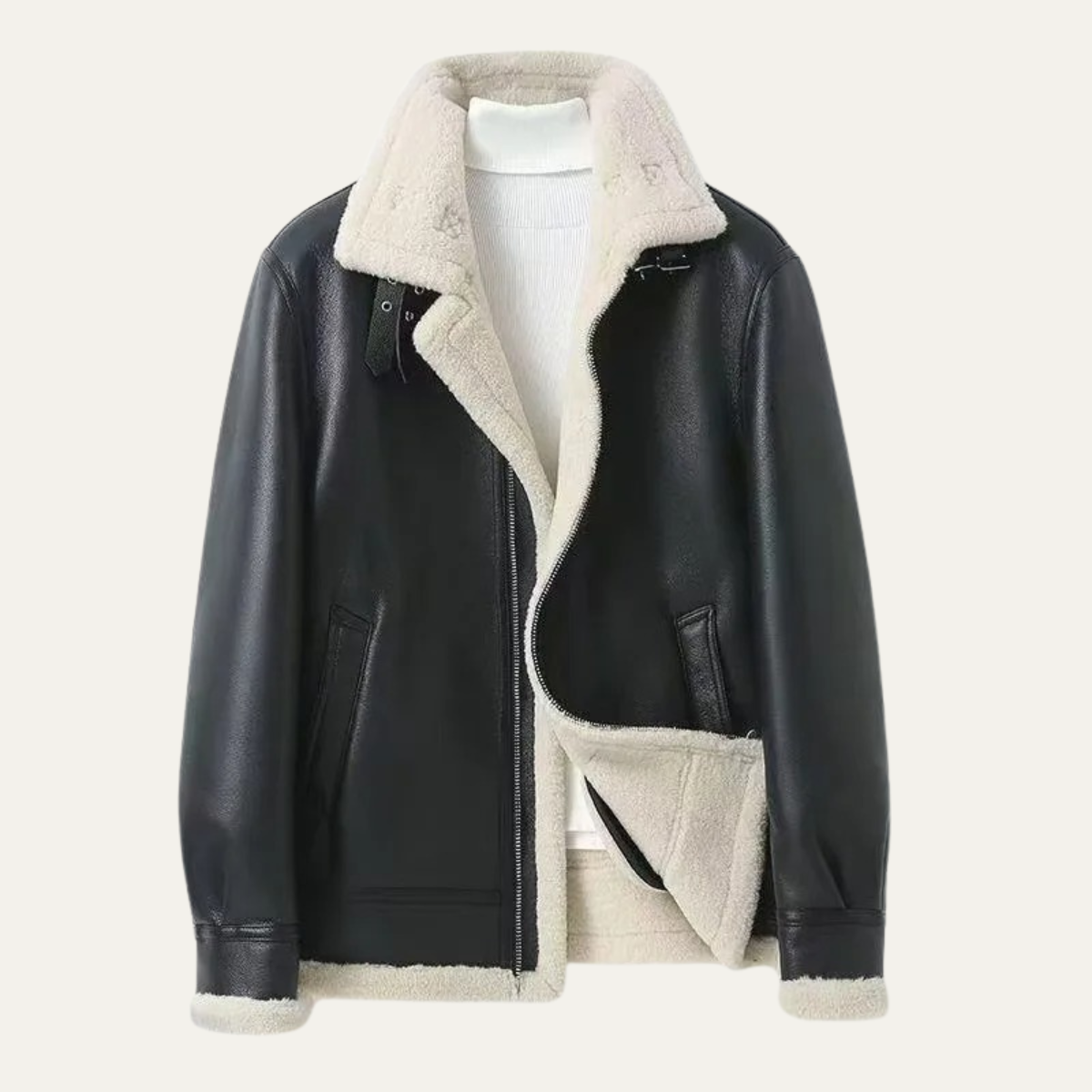 Ezra | Men's Sherpa Lined Leather Jacket Black Cream Collar