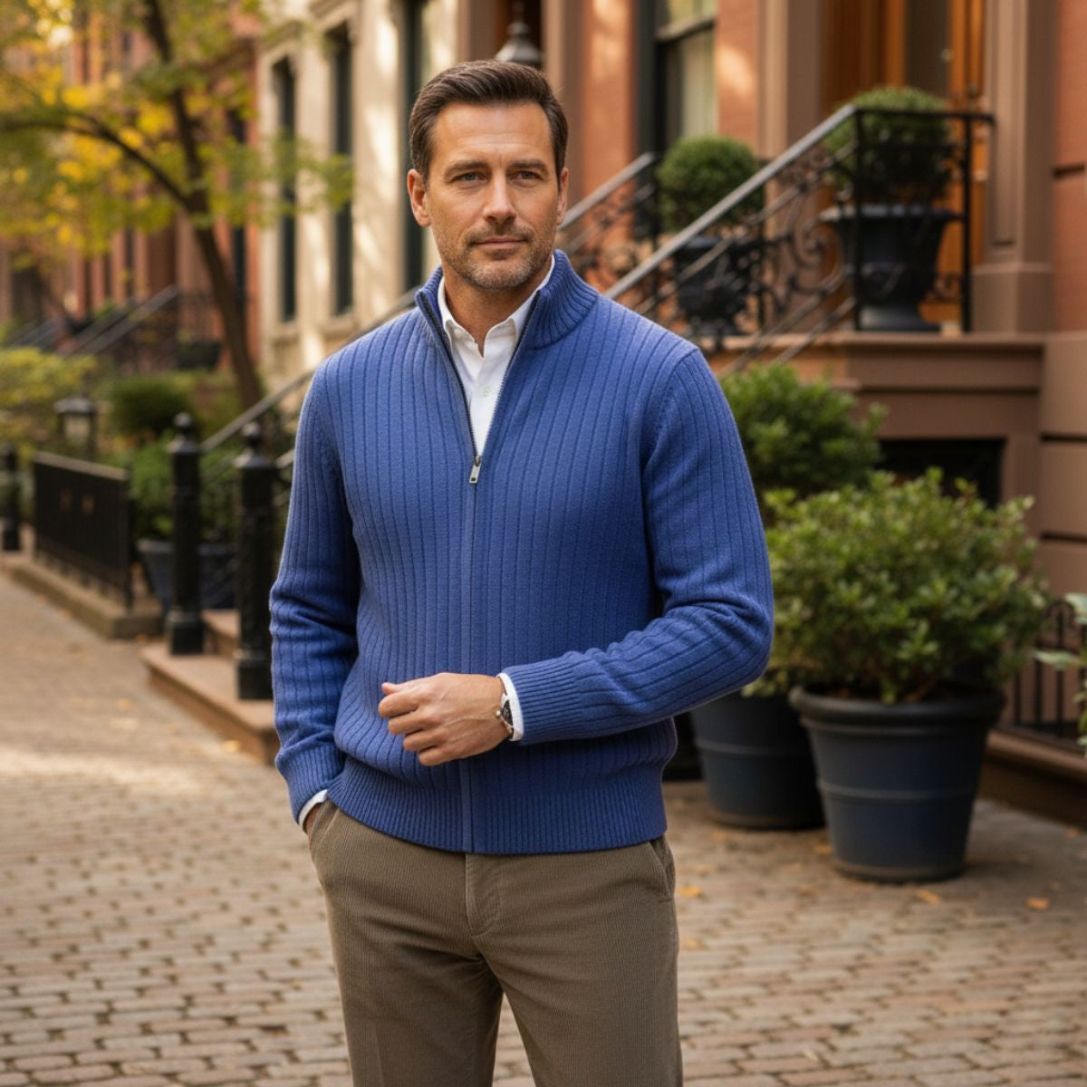 Beau | Men's Zip Up Ribbed Cardigan Royal Blue