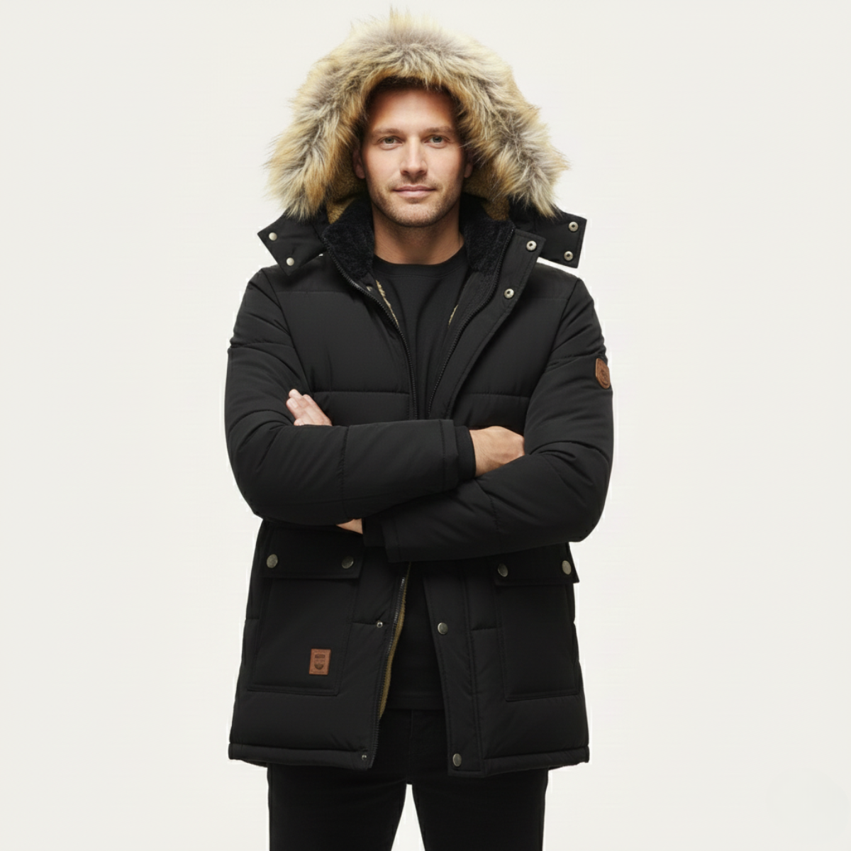 Luca | Men's Puffer Jacket Black Fleece Lined Hooded Winter
