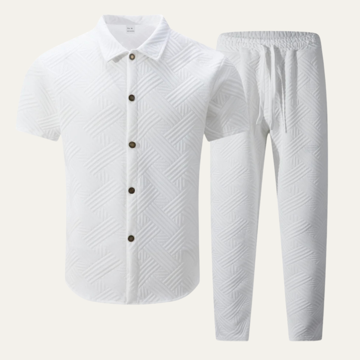 Sage | Men's Casual White Textured Short Sleeve Button Up Lounge Set