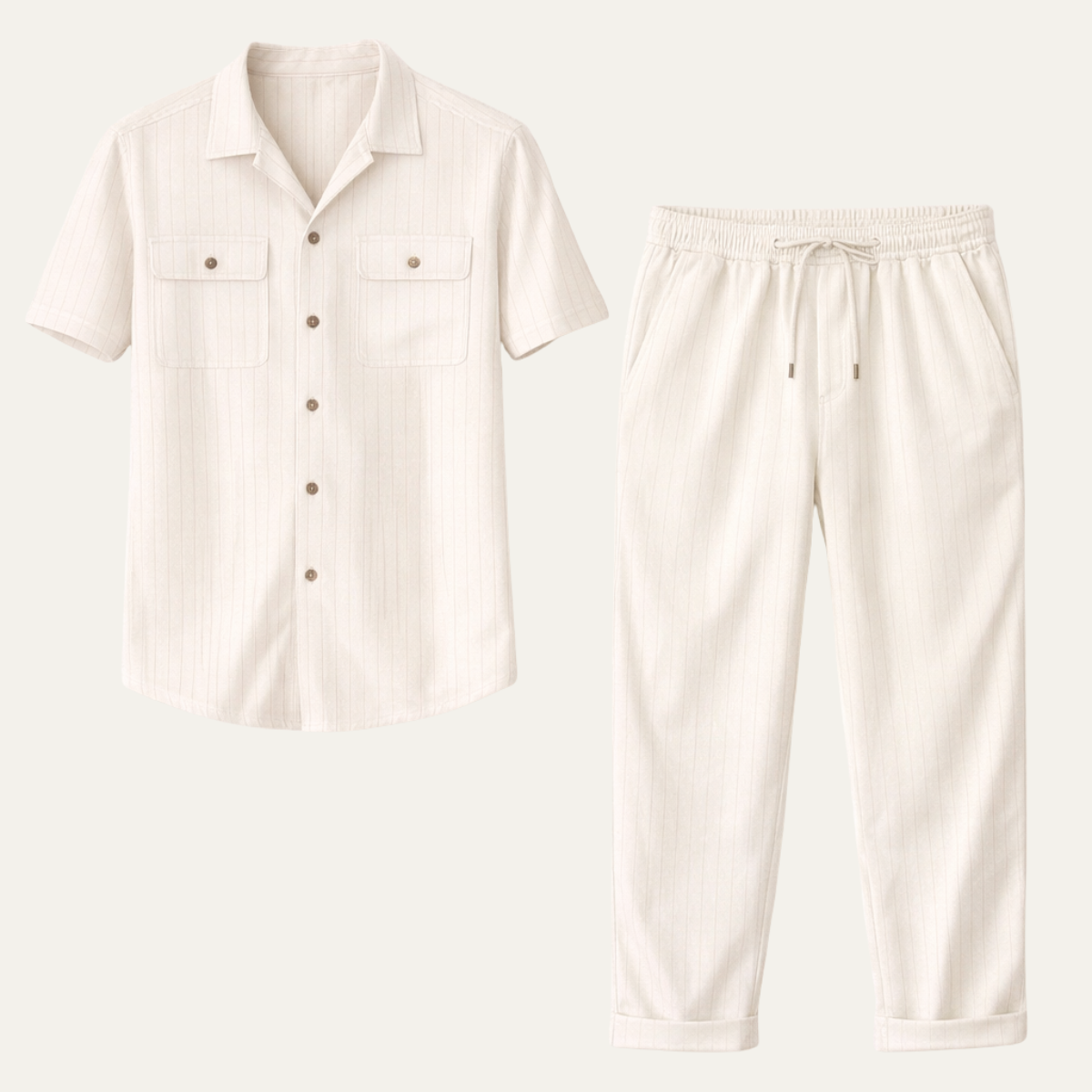 Marco | Men's Casual Linen Matching Set Cream Short Sleeve