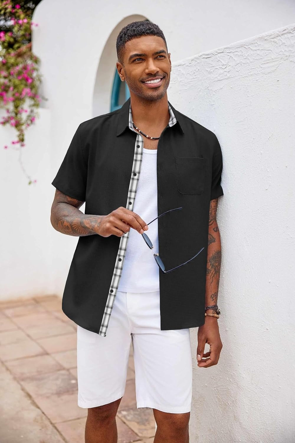 Demi | Men's Linen Shirt Light Blue Short Sleeve Button Down