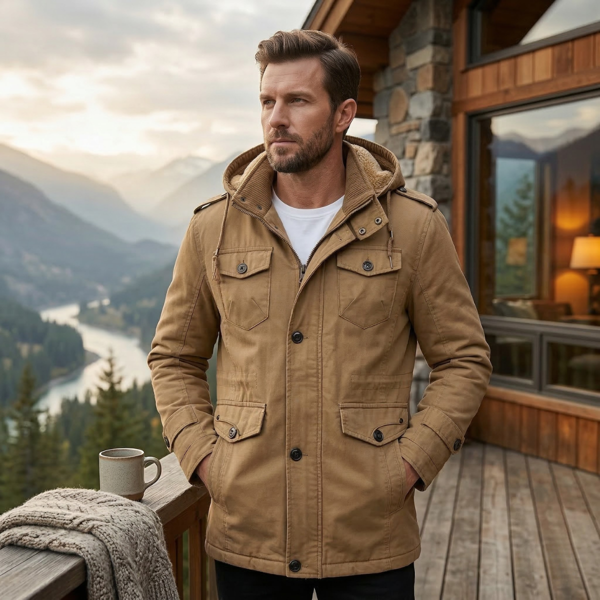 Luca | Men's Utility Jacket Khaki Fleece Lined Hooded