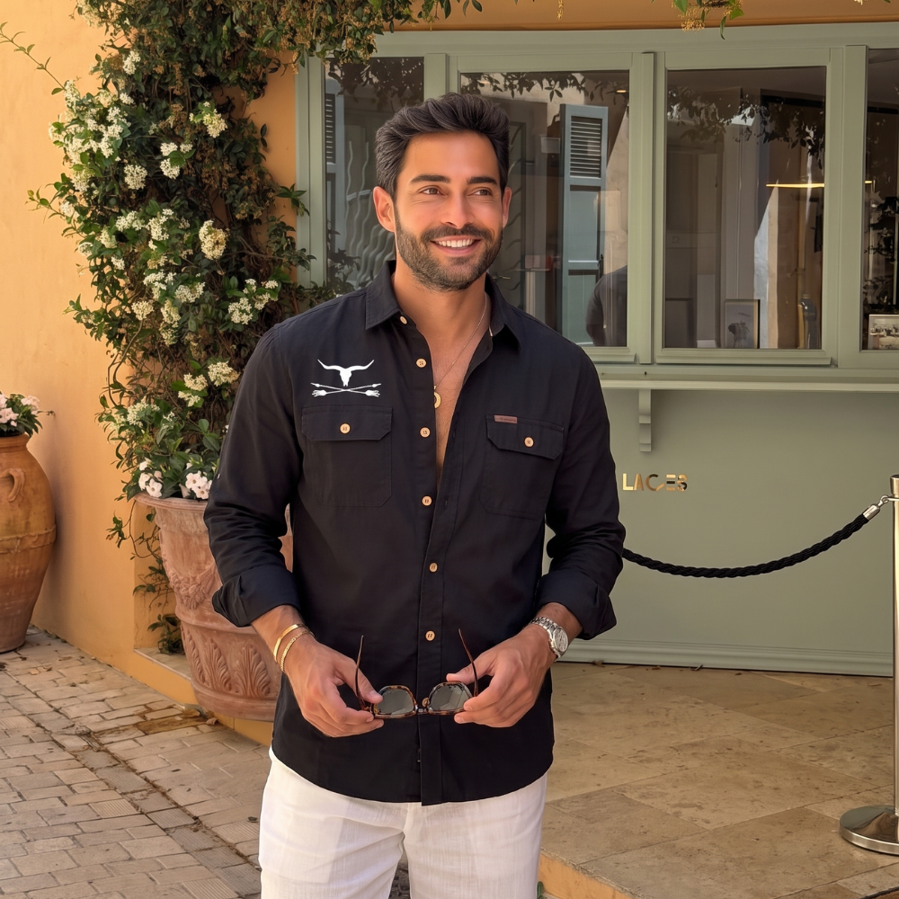 Callum | Men's Western Denim Shirt Black Cowboy Print