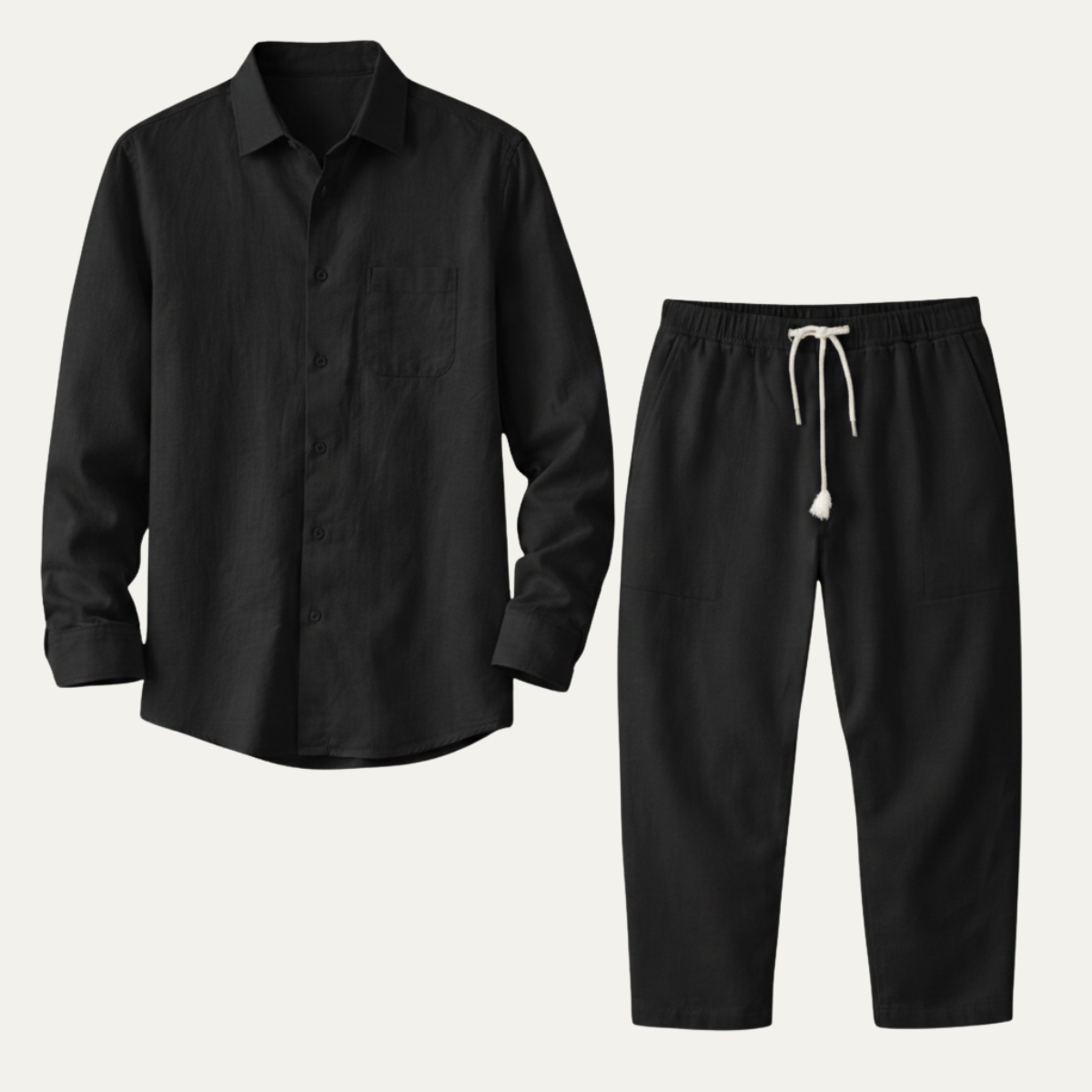 Ivo | Men's Lounge Set Cream Button Up Shirt Drawstring Pants