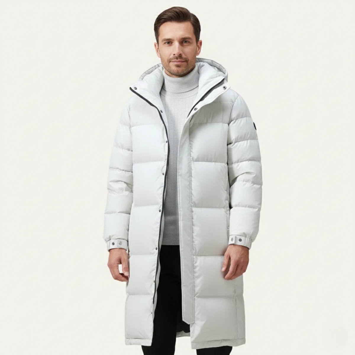 Wyatt | Men's Puffer Jacket Cream Hooded Longline