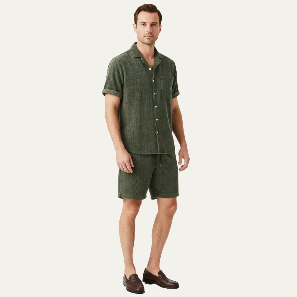 Ash | Men's Lounge Set Olive Green Short Sleeve Shirt Shorts