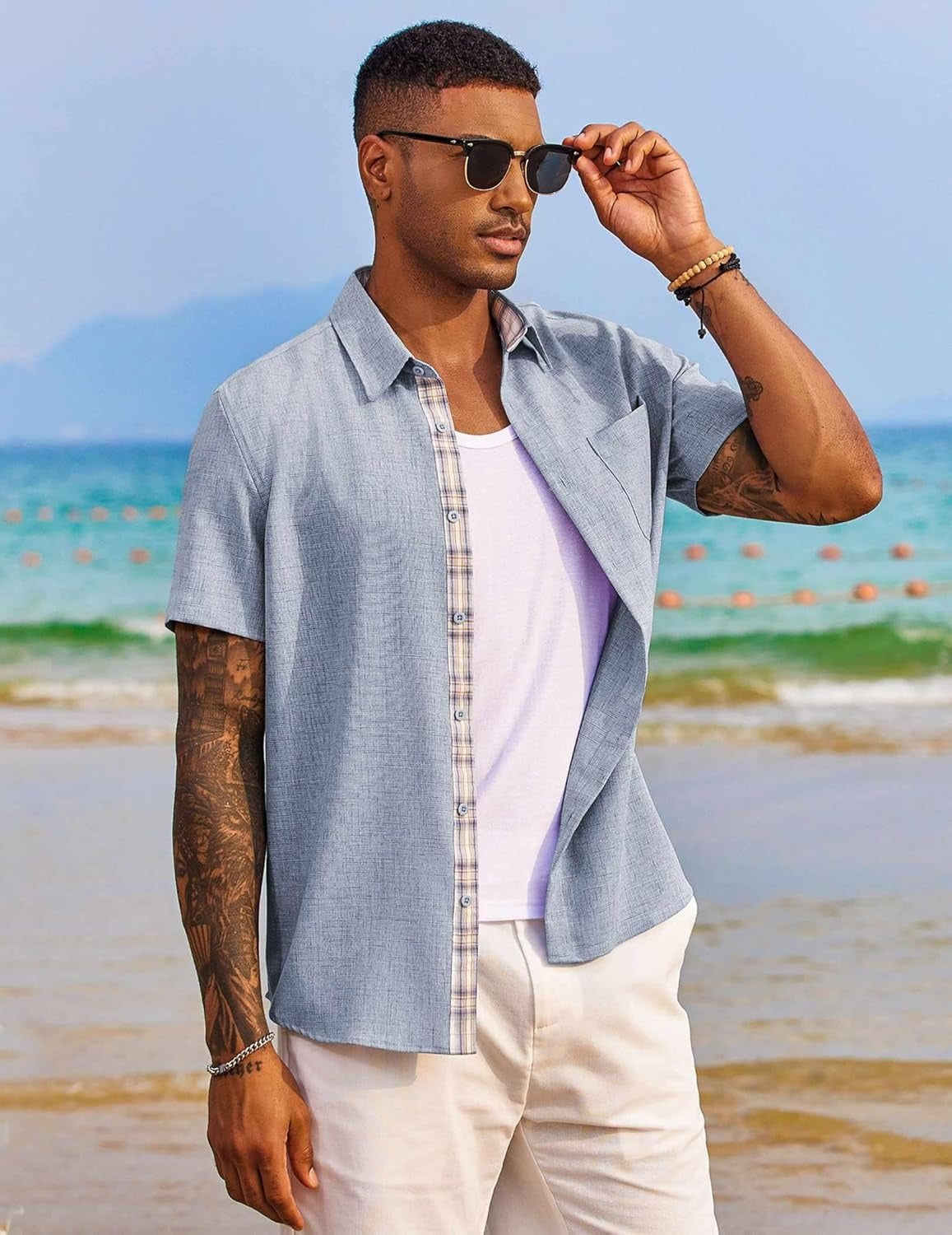 Demi | Men's Linen Shirt Light Blue Short Sleeve Button Down