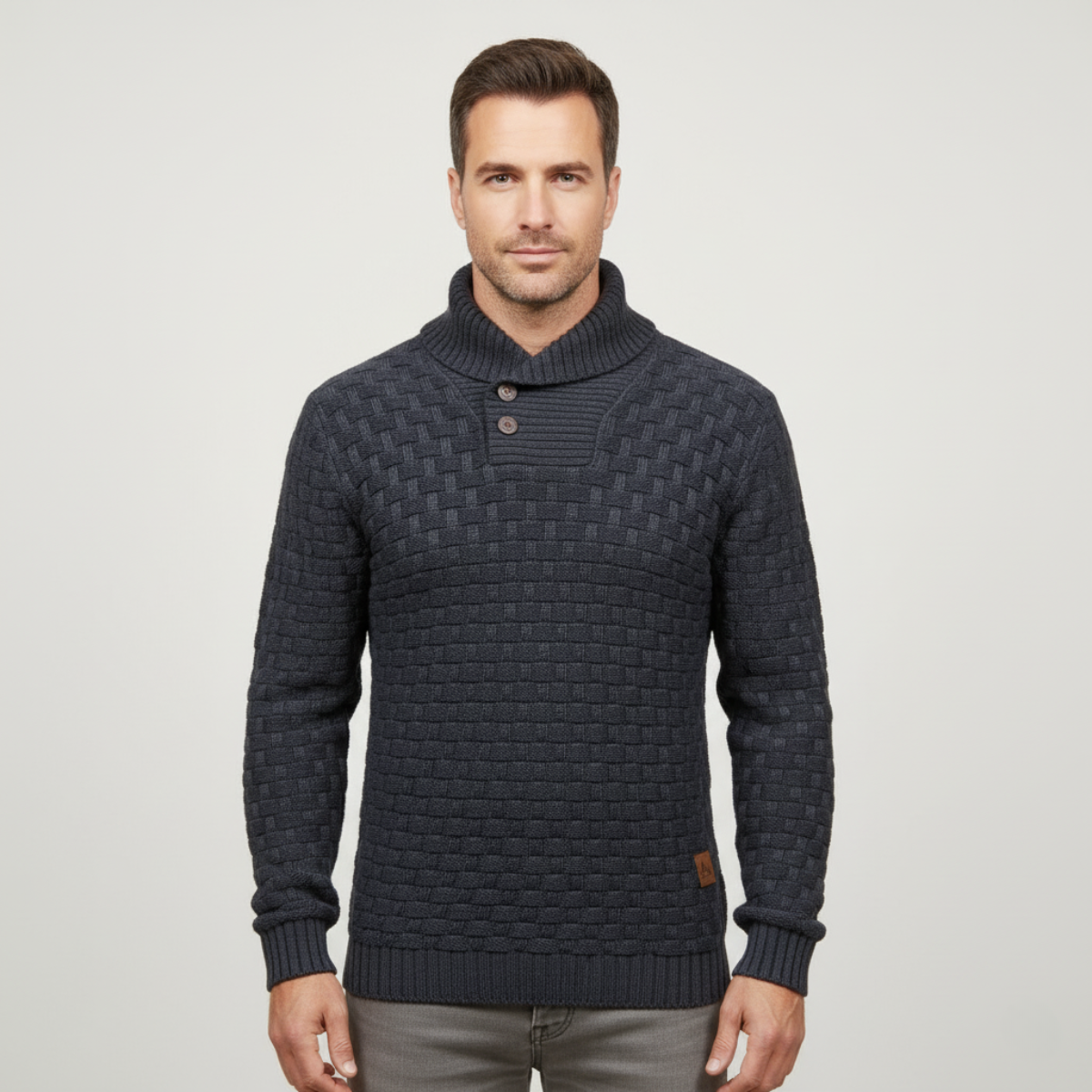 Beau | Men's Chunky Knit Sweater Navy Shawl Collar Button