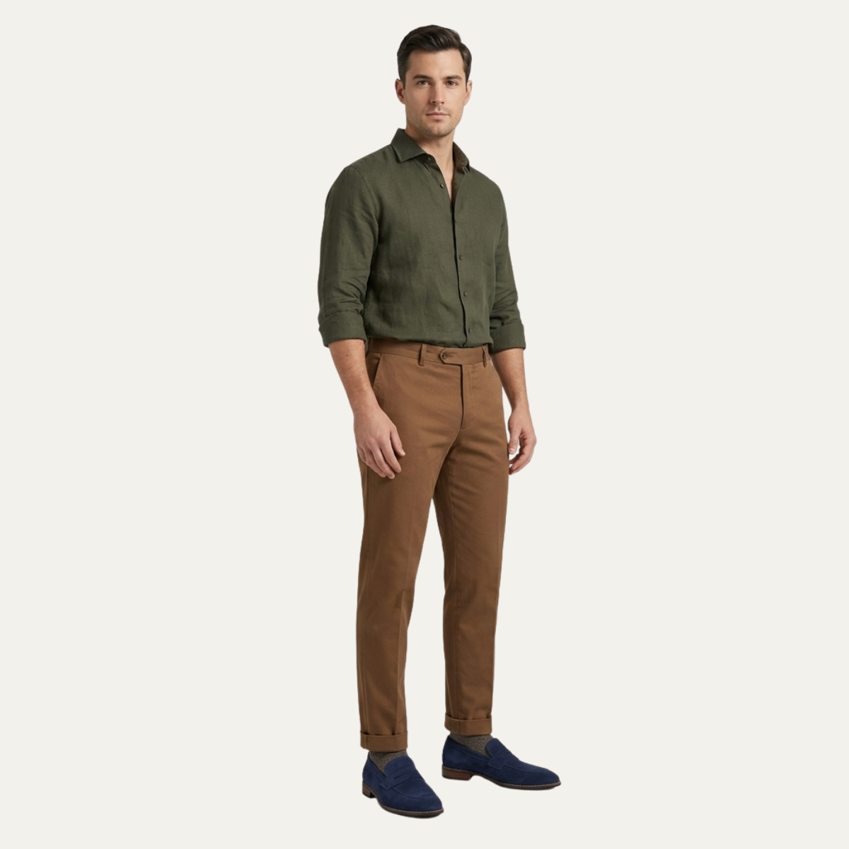 Ezra | Men's Linen Shirt Olive Green Long Sleeve Button Up