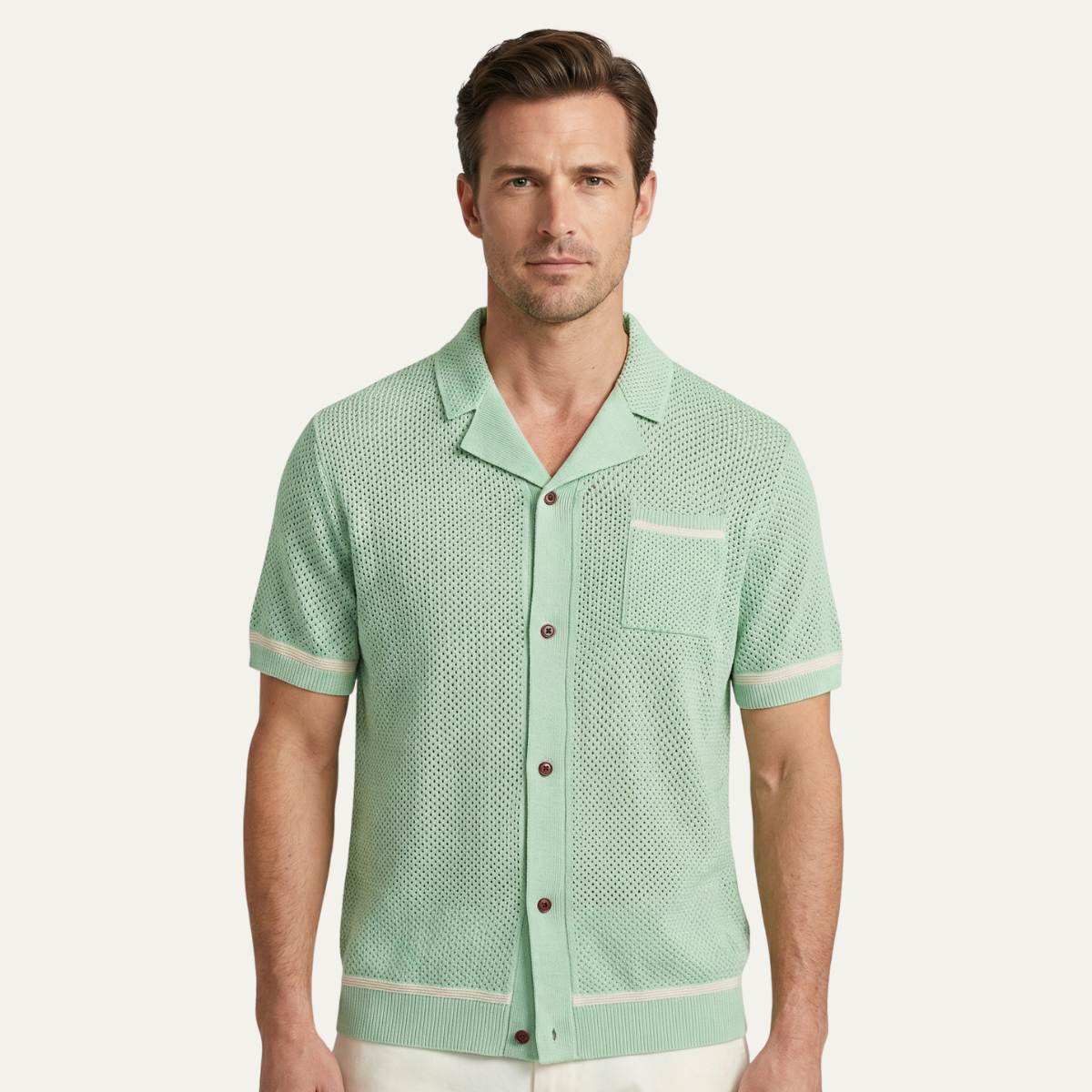 Kai | Men's Knit Button Up Shirt Light Green Short Sleeve