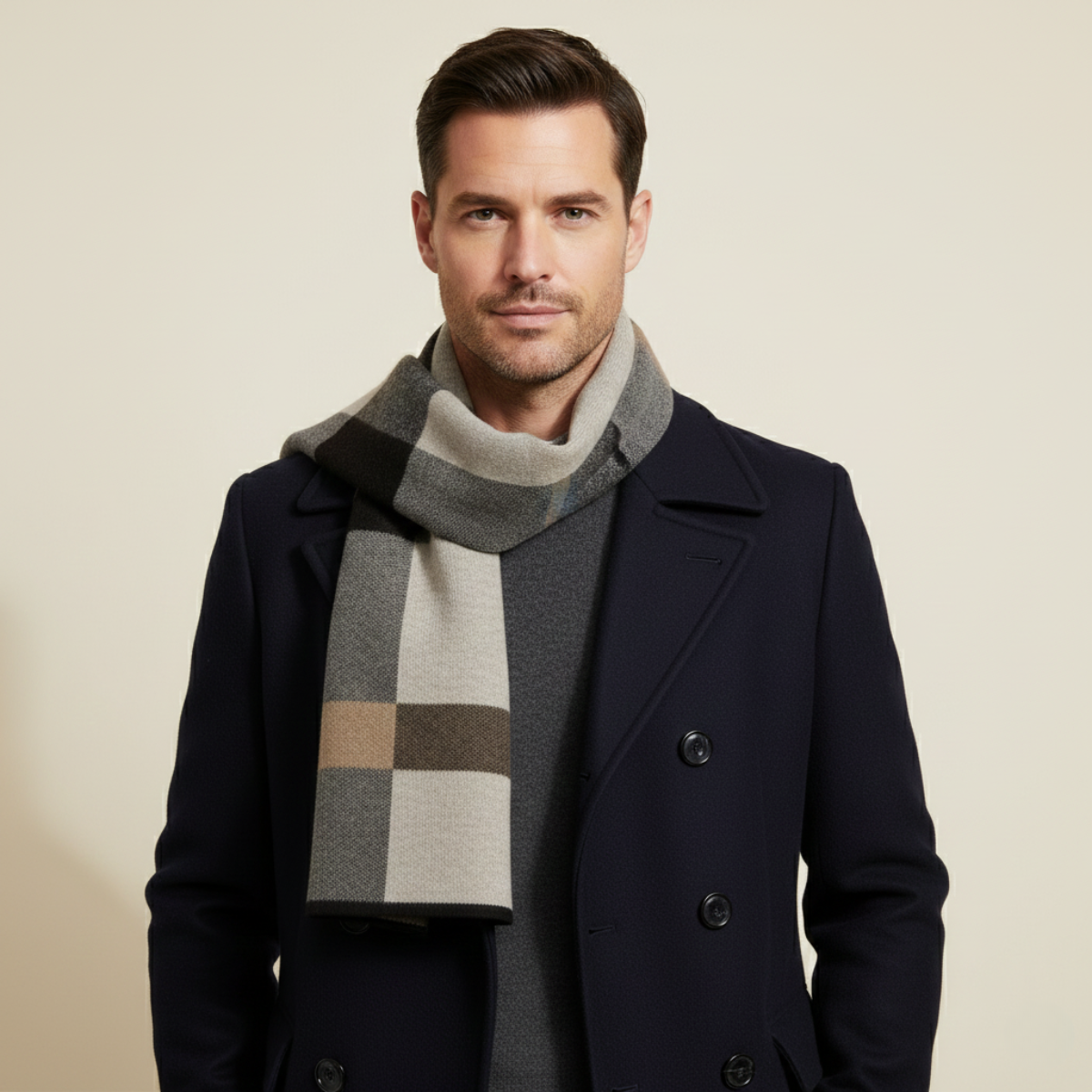 Bram | Men's Plaid Knit Scarf Gray Black Cream