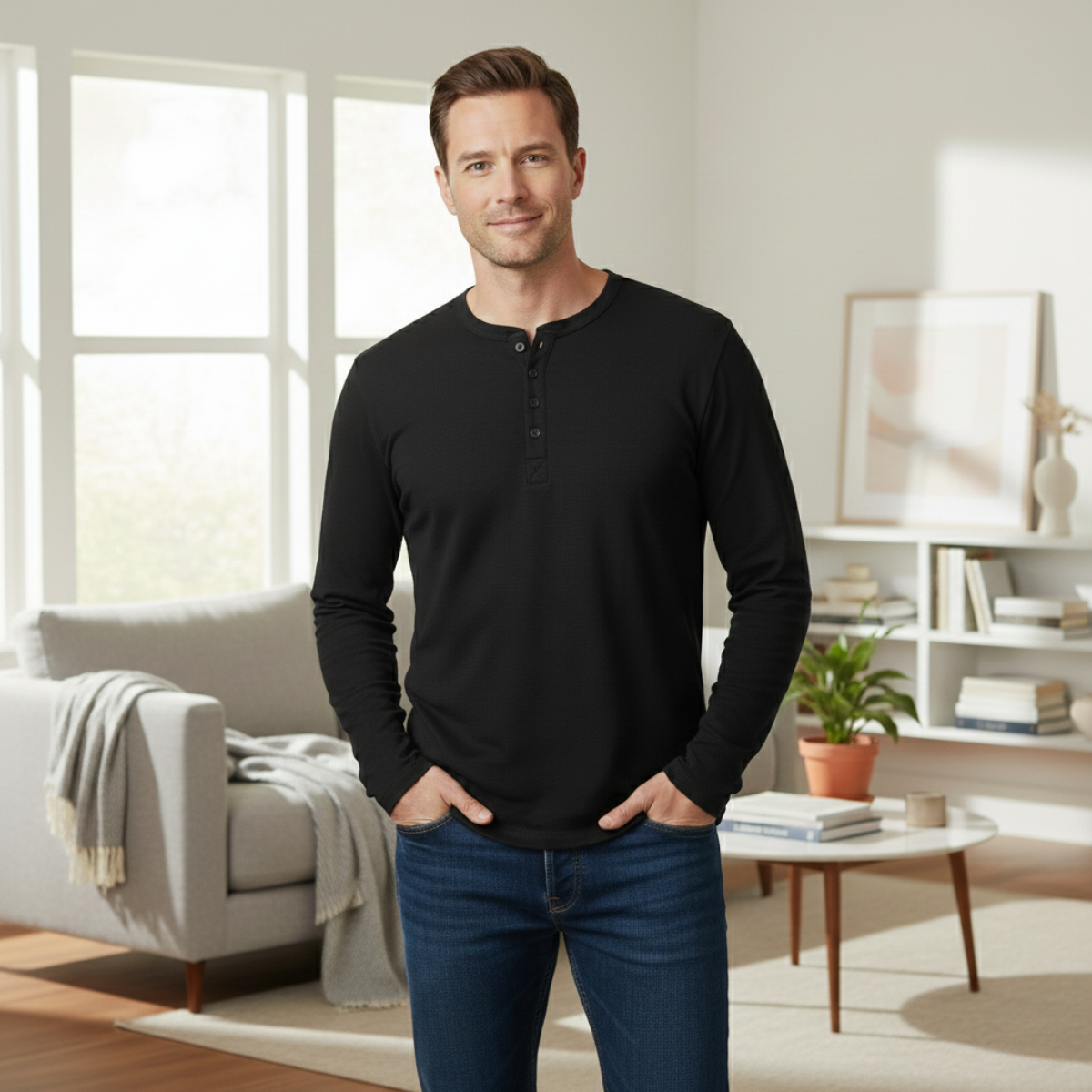 Tate | Men's Henley Shirt Navy Long Sleeve