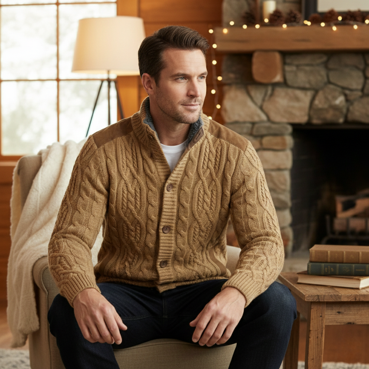 Ash | Men's Cable Knit Cardigan Tan Button Up Sweater