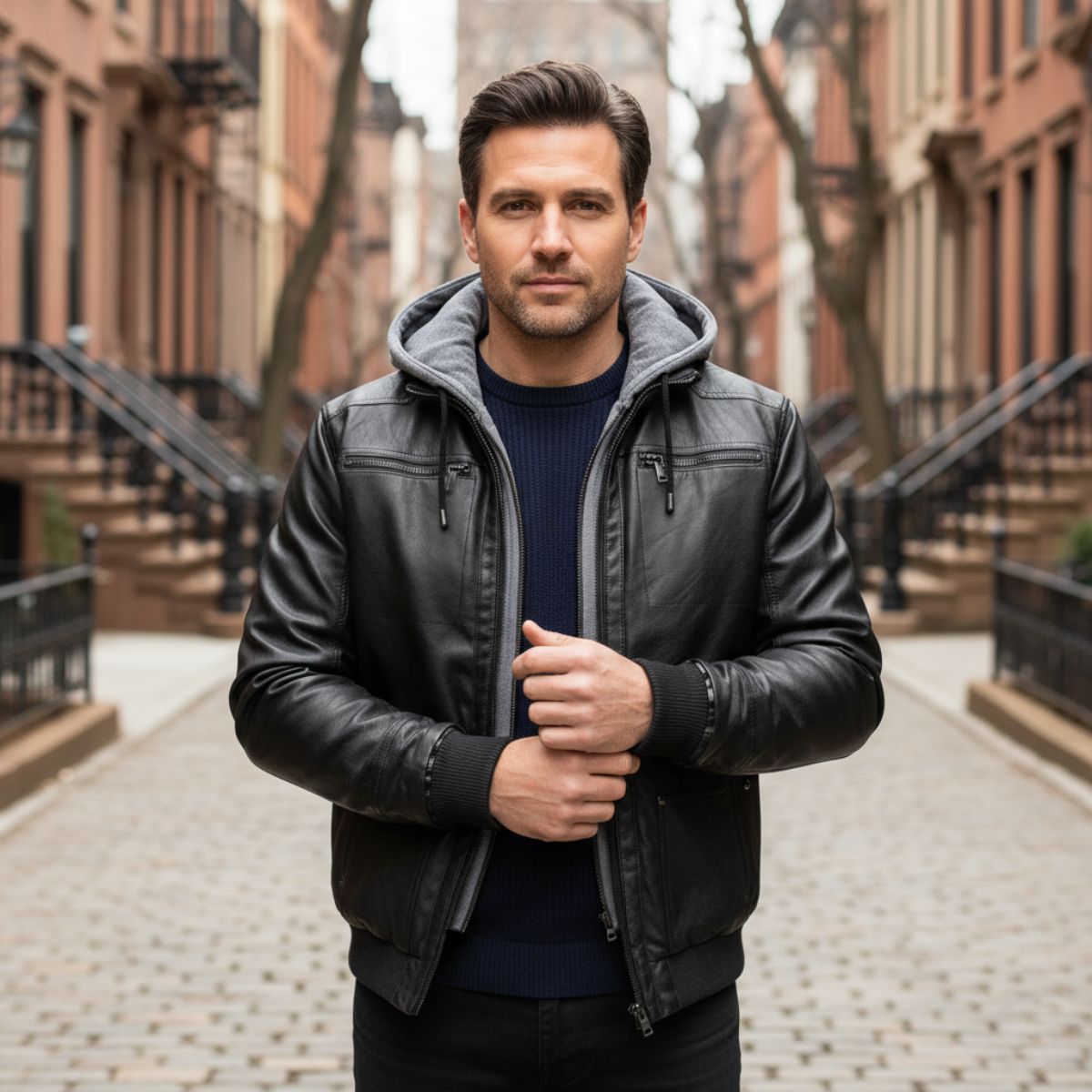 Voss | Men's Leather Jacket Black Hooded Bomber