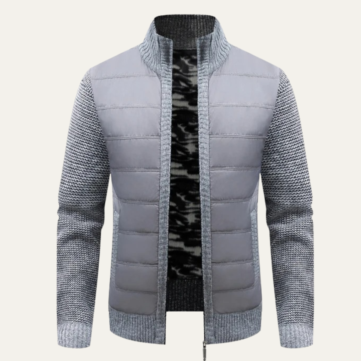 Axel | Men's Quilted Puffer Jacket Gray Knit Sleeves Zip Up