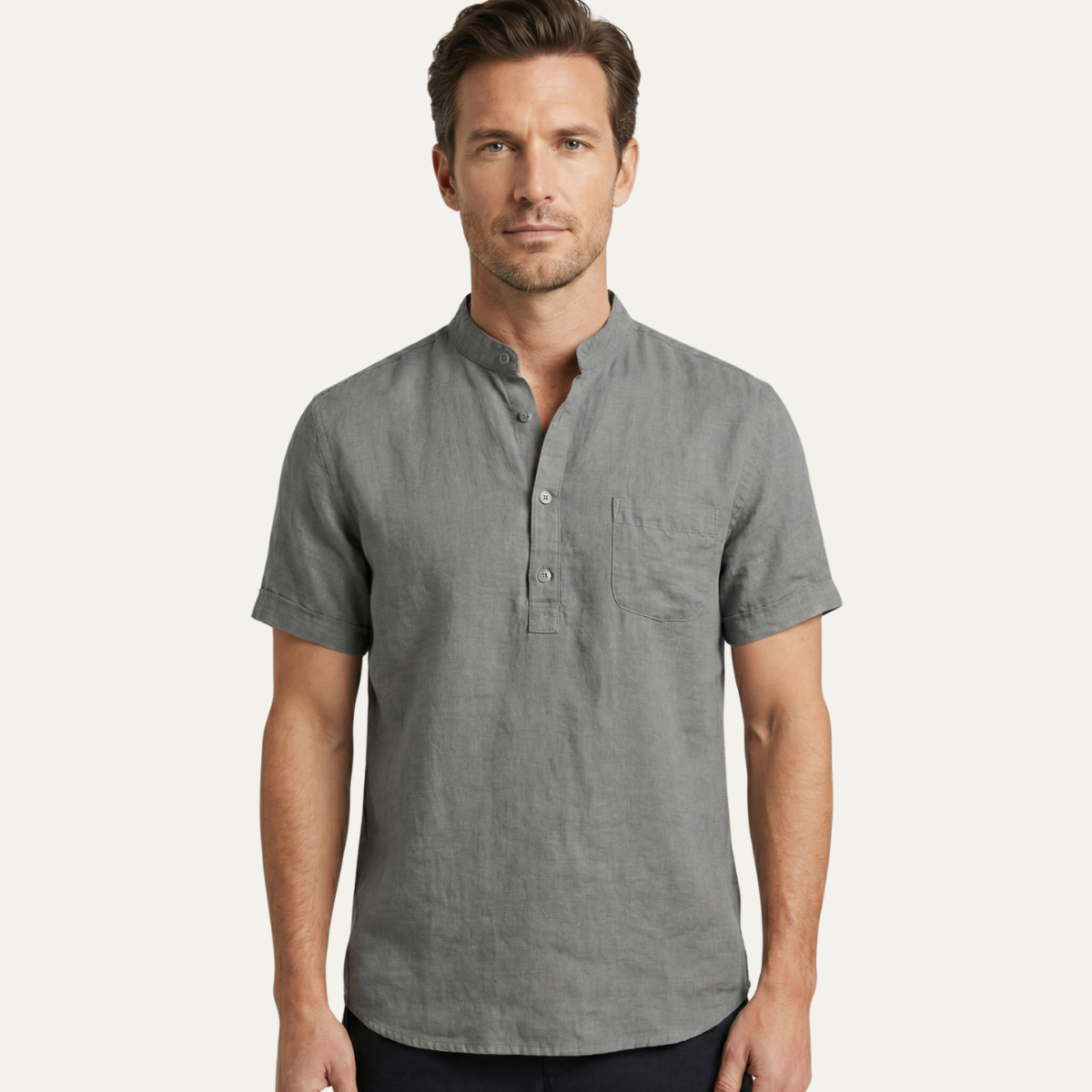Axel | Men's Casual Linen Henley Shirt Gray Short Sleeve