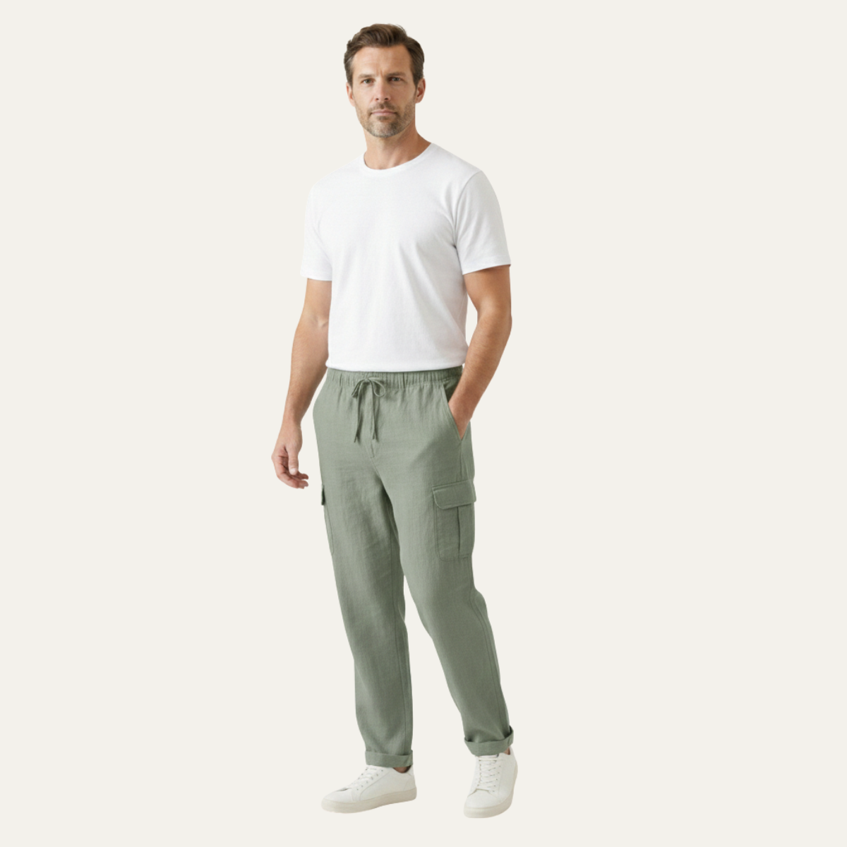 Cade | Men's Casual Linen Cargo Pants Cream Relaxed Fit