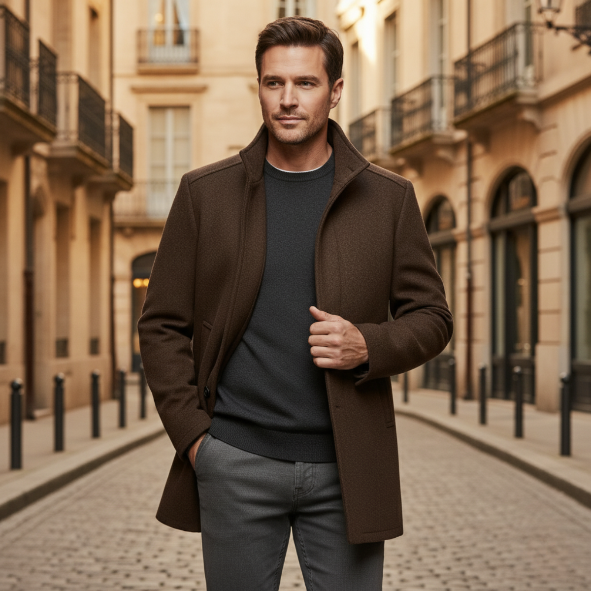 Bram | Men's Wool Blend Overcoat Brown Button Up