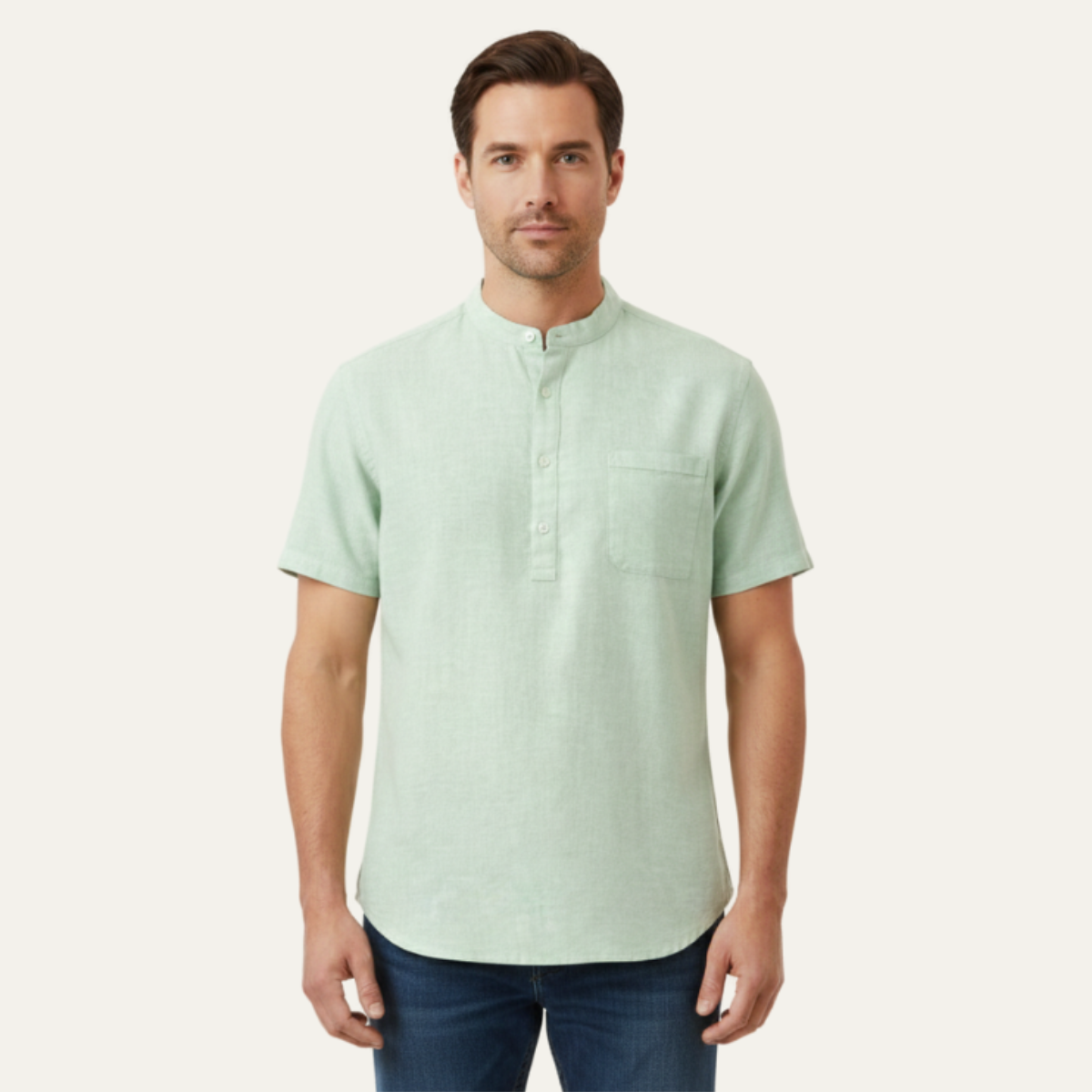 Beau | Men's Linen Henley Shirt White Short Sleeve