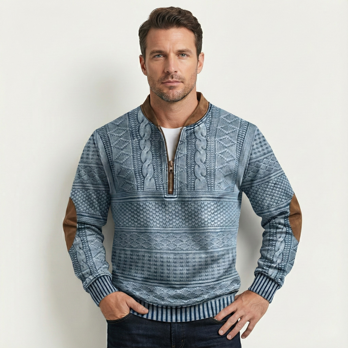 Beau | Men's Cable Knit Sweater Black Brown Elbow Patches Quarter Zip