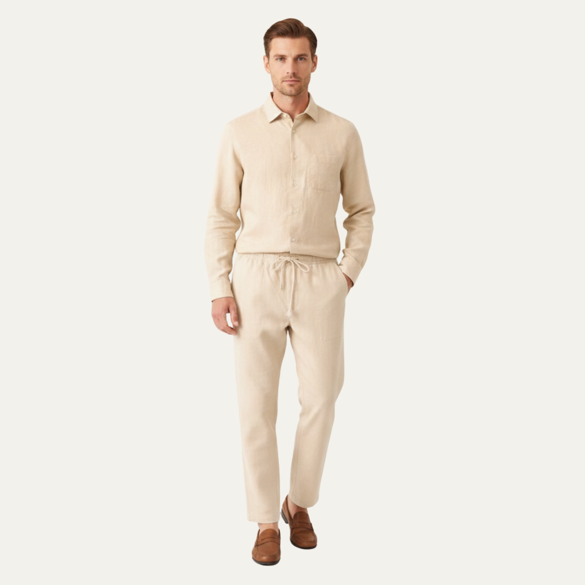 Ivo | Men's Lounge Set Cream Button Up Shirt Drawstring Pants