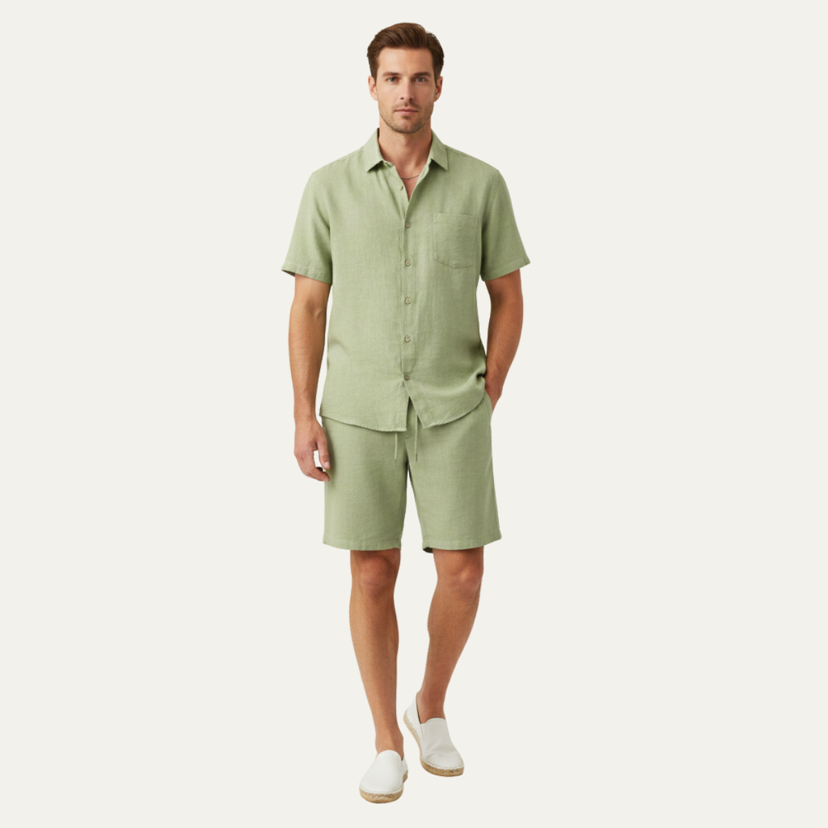 Eli | Men's Linen Shirt Shorts Set Sage Green
