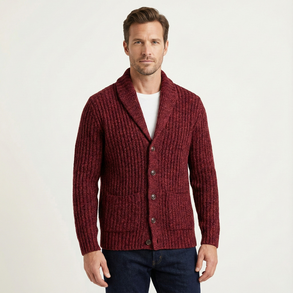 Lex | Men's Chunky Cable Knit Cardigan Burgundy Shawl Collar