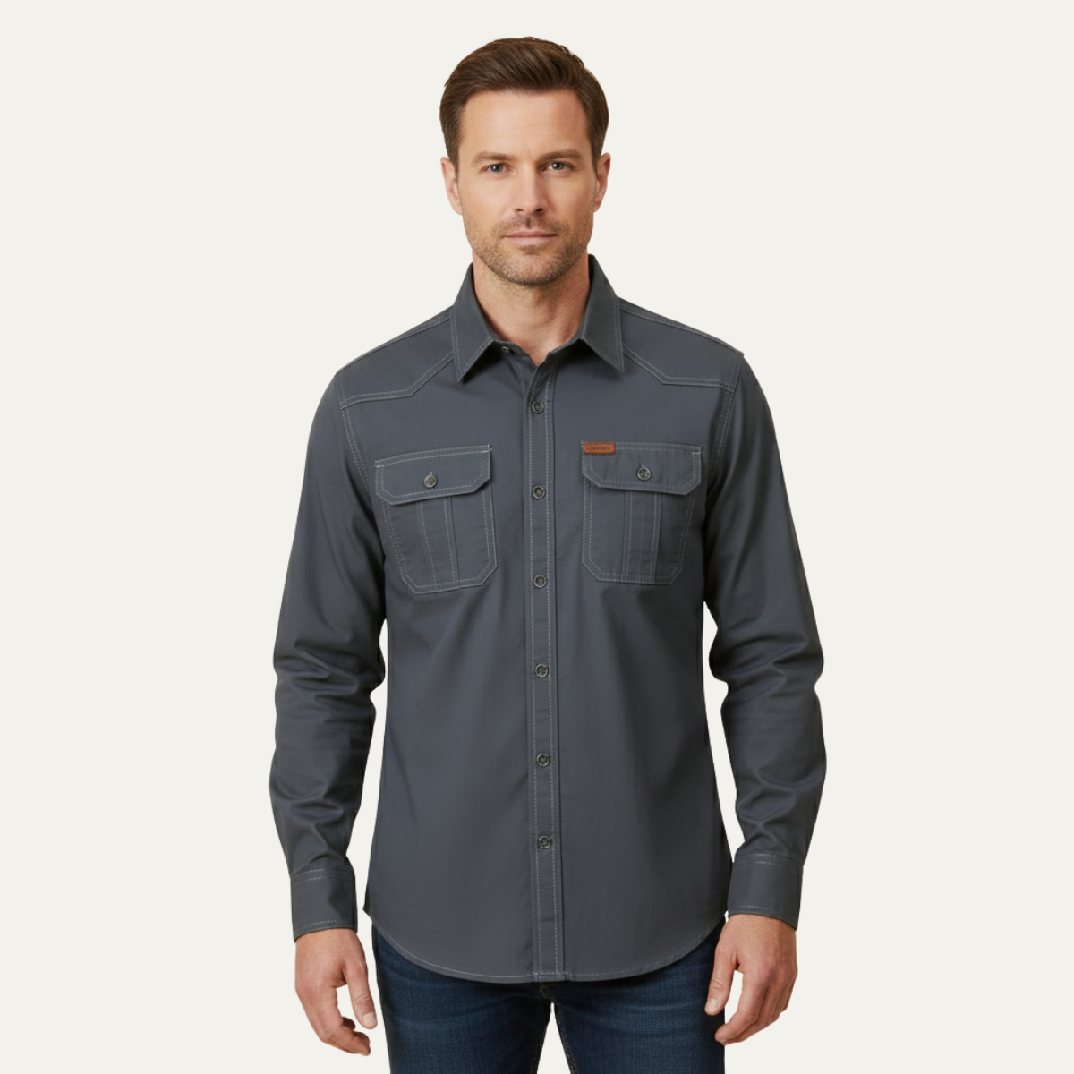 Eli | Men's Casual Denim Shirt Cream Long Sleeve Multi Pocket