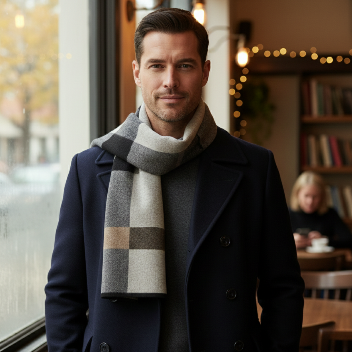 Bram | Men's Plaid Knit Scarf Gray Black Cream