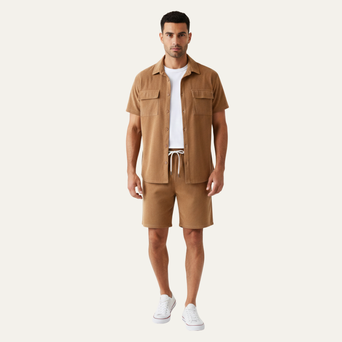 Beau | Men's Casual Corduroy Shorts Set Tan Short Sleeve