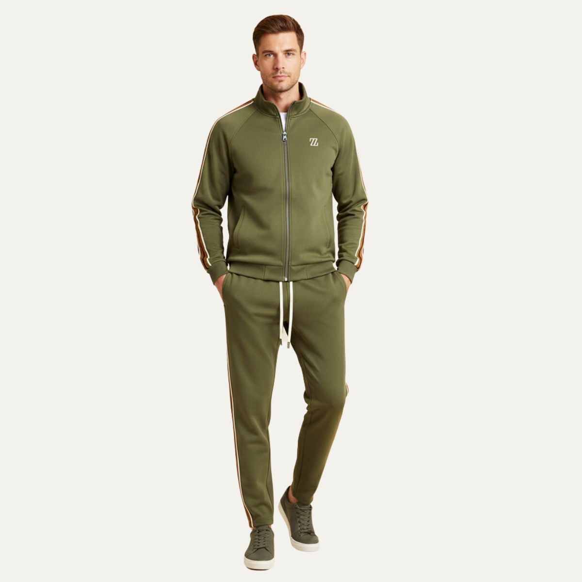 Axel | Men's Sweatsuit Cream Brown Stripe Track Jacket Joggers Set