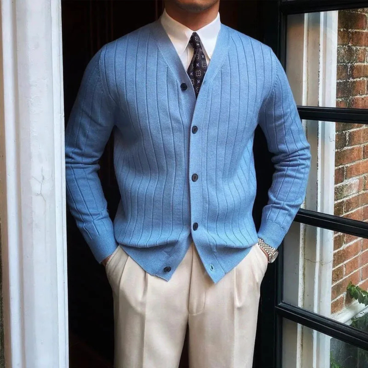 Axel | Men's Smart Casual Pinstripe Cardigan Light Blue Button Up
