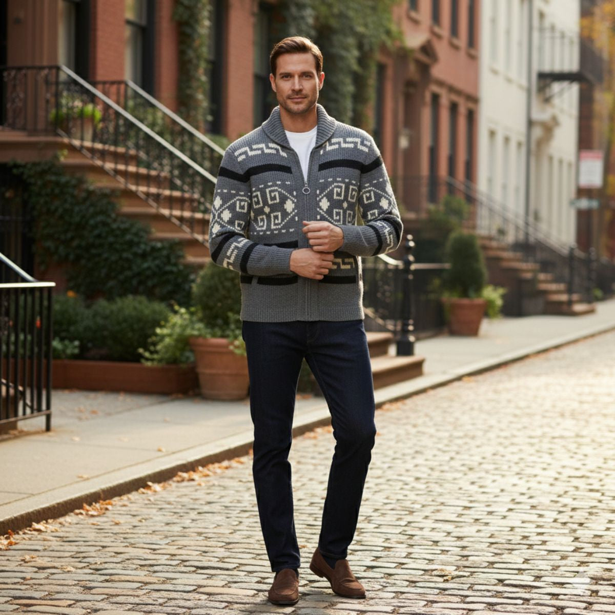 Bram | Men's Vintage Shawl Collar Cardigan Cream Geometric Pattern