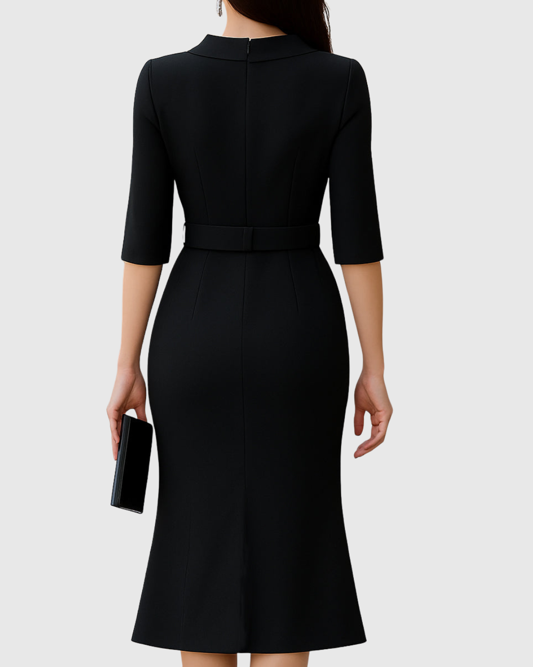 Elise | Women's Black Midi Dress Belted Cowl Neck