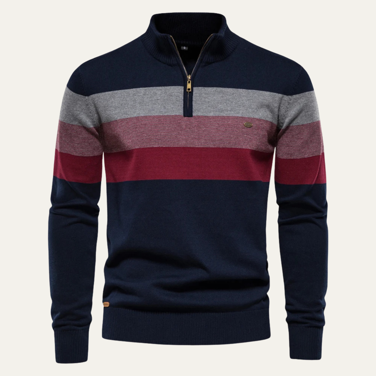Beau | Men's Quarter Zip Sweater Navy Gray Burgundy Stripe