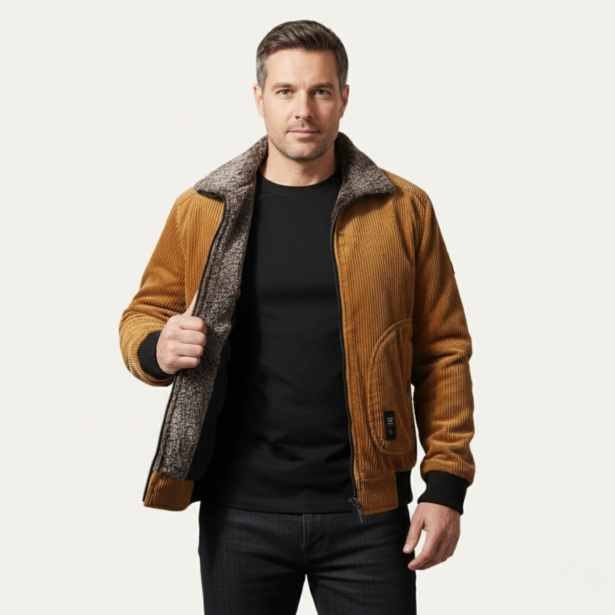 Axel | Men's Corduroy Jacket Camel Fleece Lined Fur Collar