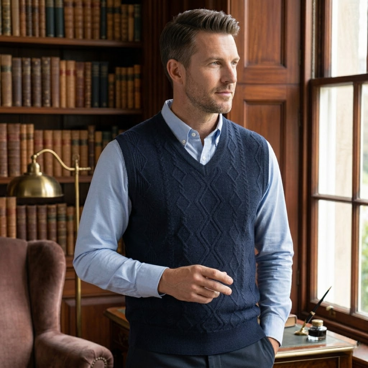 Landon | Men's Cable Knit V Neck Sweater Vest Navy