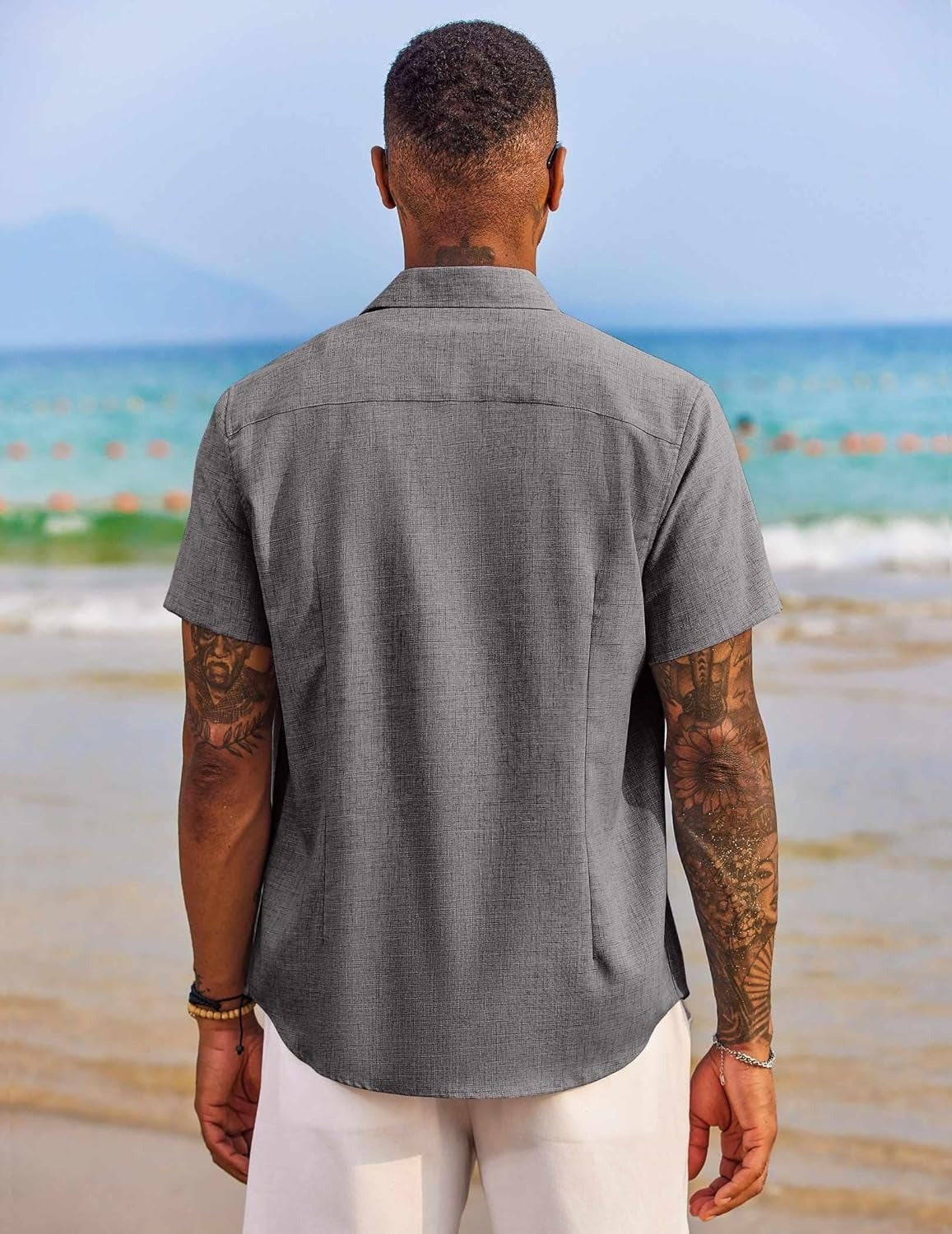 Demi | Men's Linen Shirt Light Blue Short Sleeve Button Down