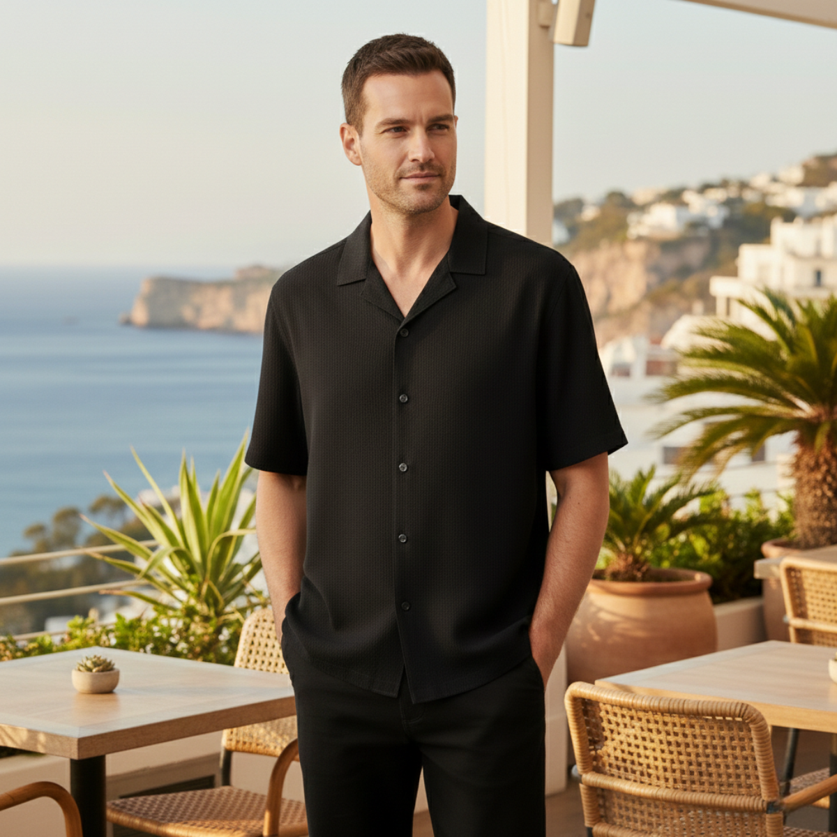 Sage | Men's Camp Collar Shirt Black Short Sleeve