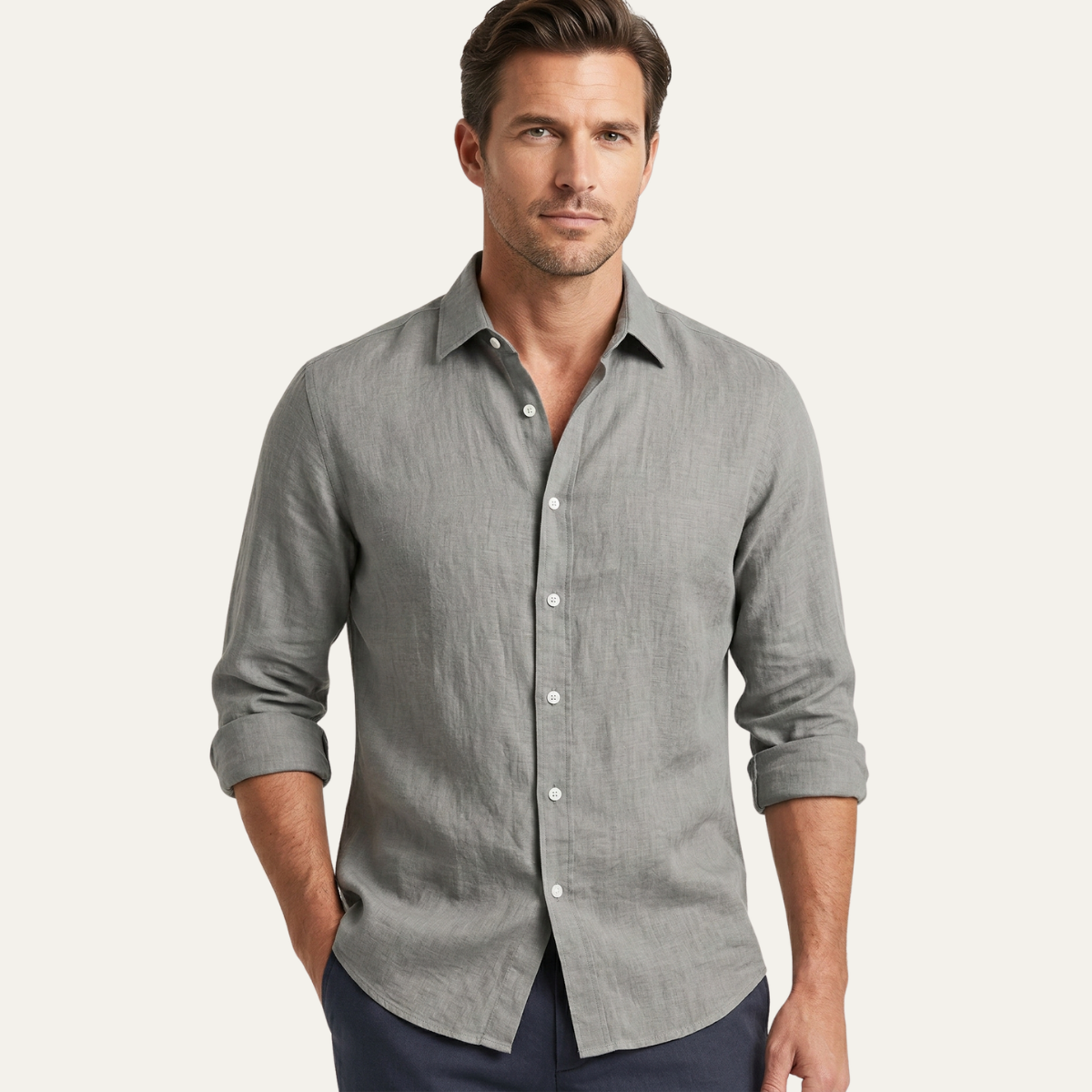 Eli | Men's Linen Shirt Cream Button Up Long Sleeve