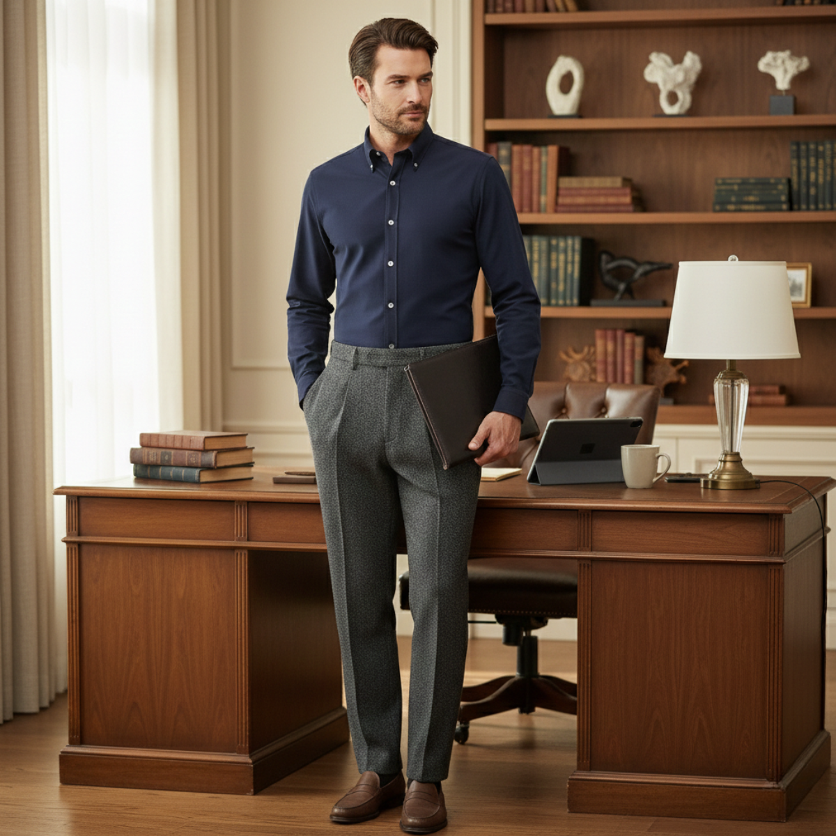 Wade | Men's Pleated Dress Pants Gray Herringbone Wool