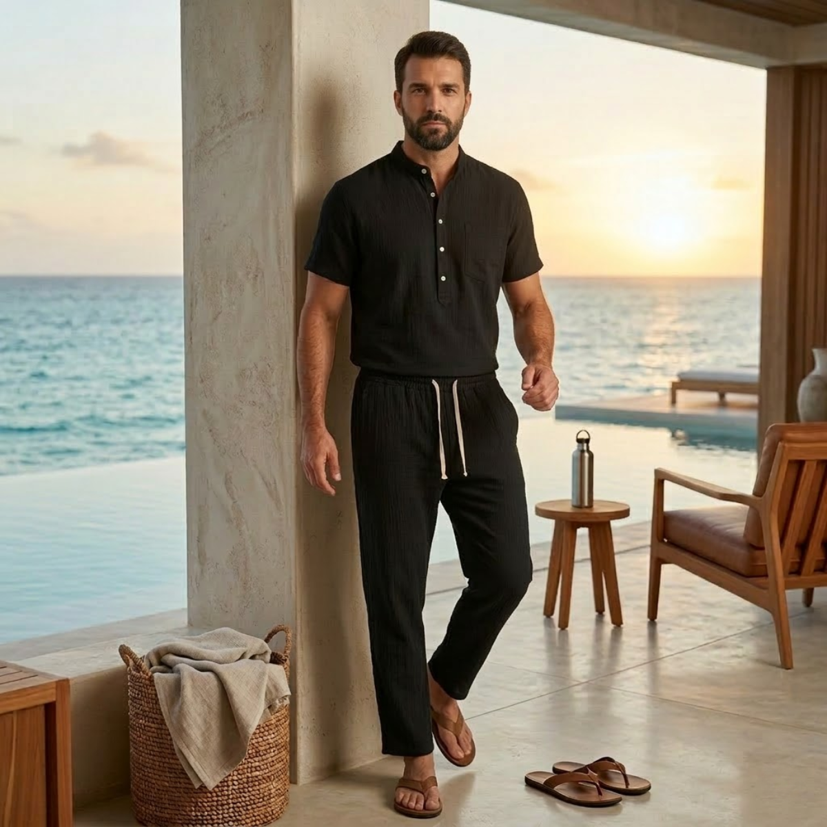 Kai | Men's Linen Lounge Set Black Short Sleeve