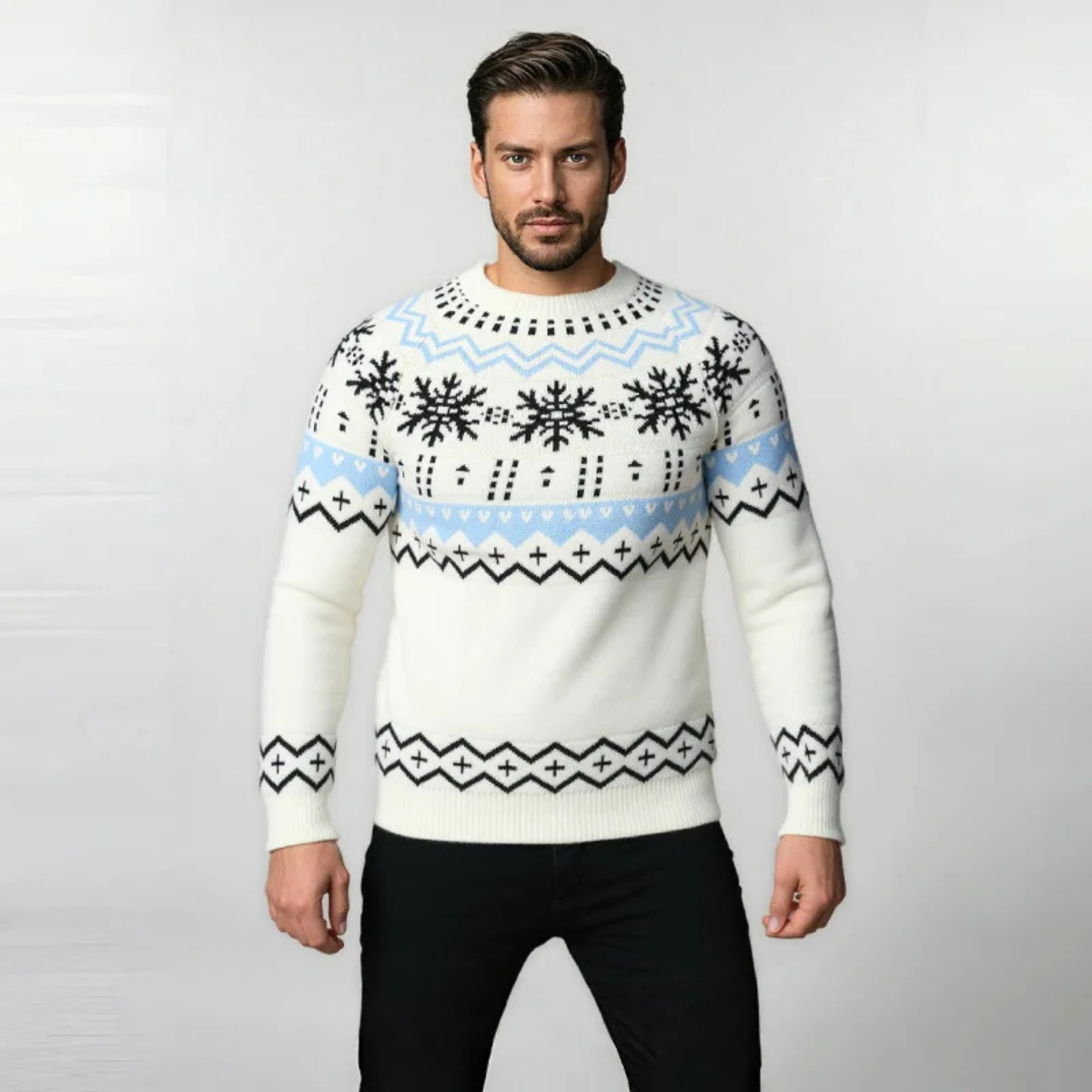 Ash | Men's Crew Neck Snowflake Sweater Cream Light Blue Black