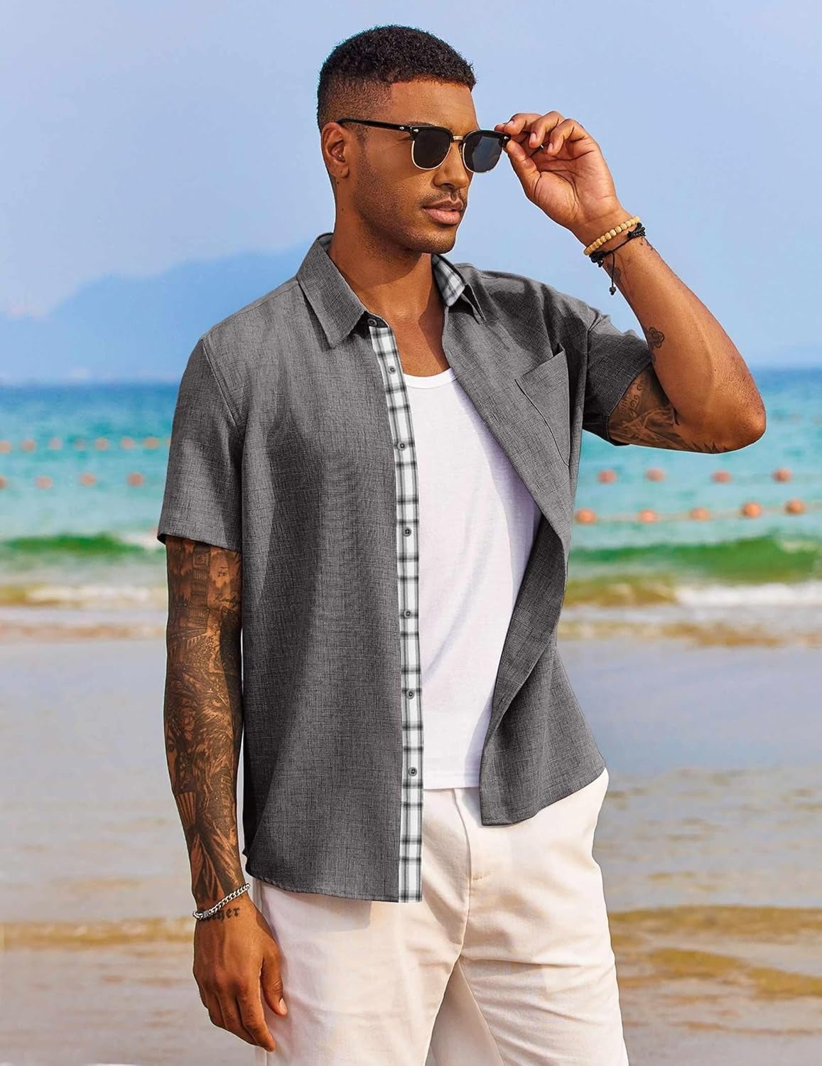 Demi | Men's Linen Shirt Light Blue Short Sleeve Button Down
