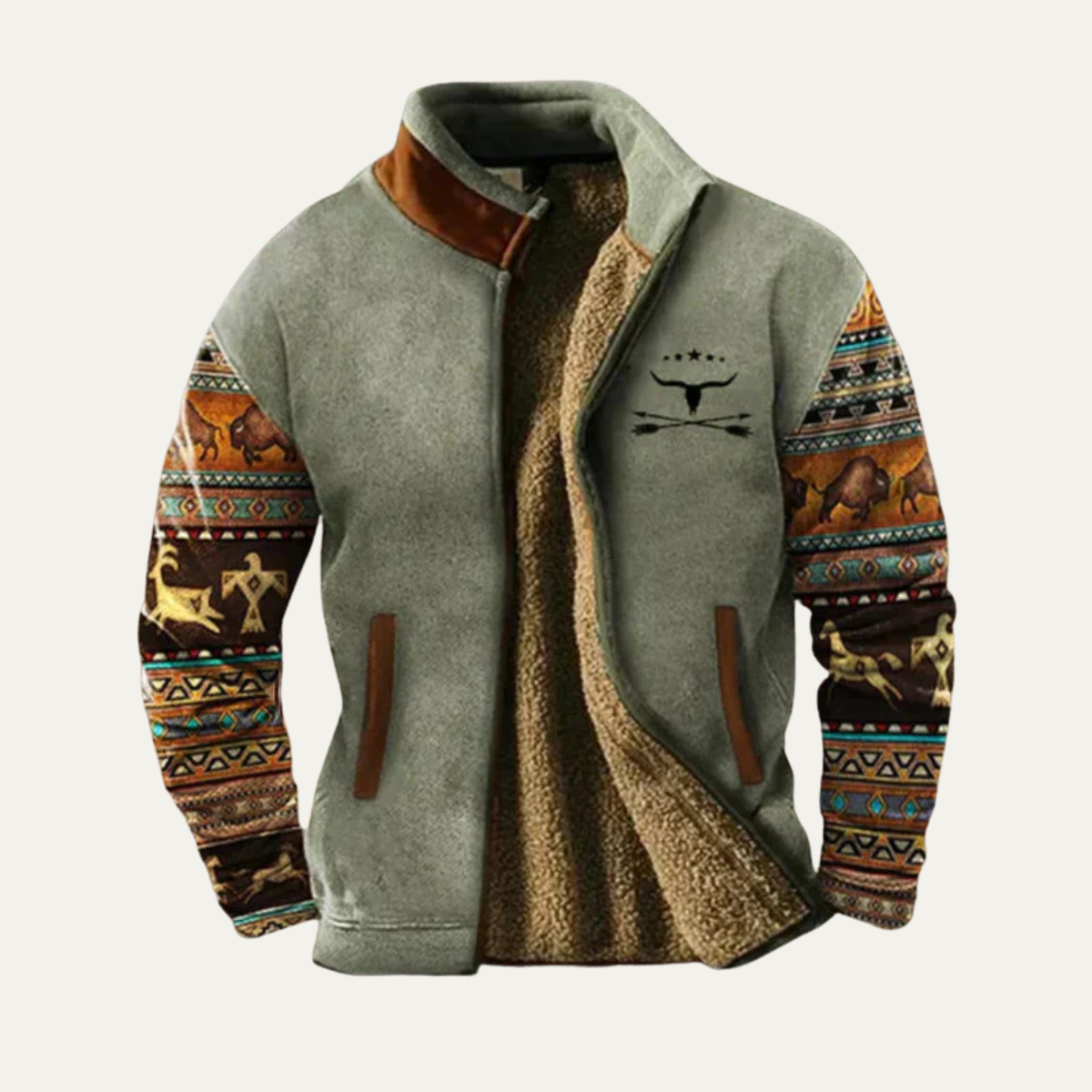 Axel | Men's Boho Fleece Jacket Gray Ethnic Pattern Sherpa Lined