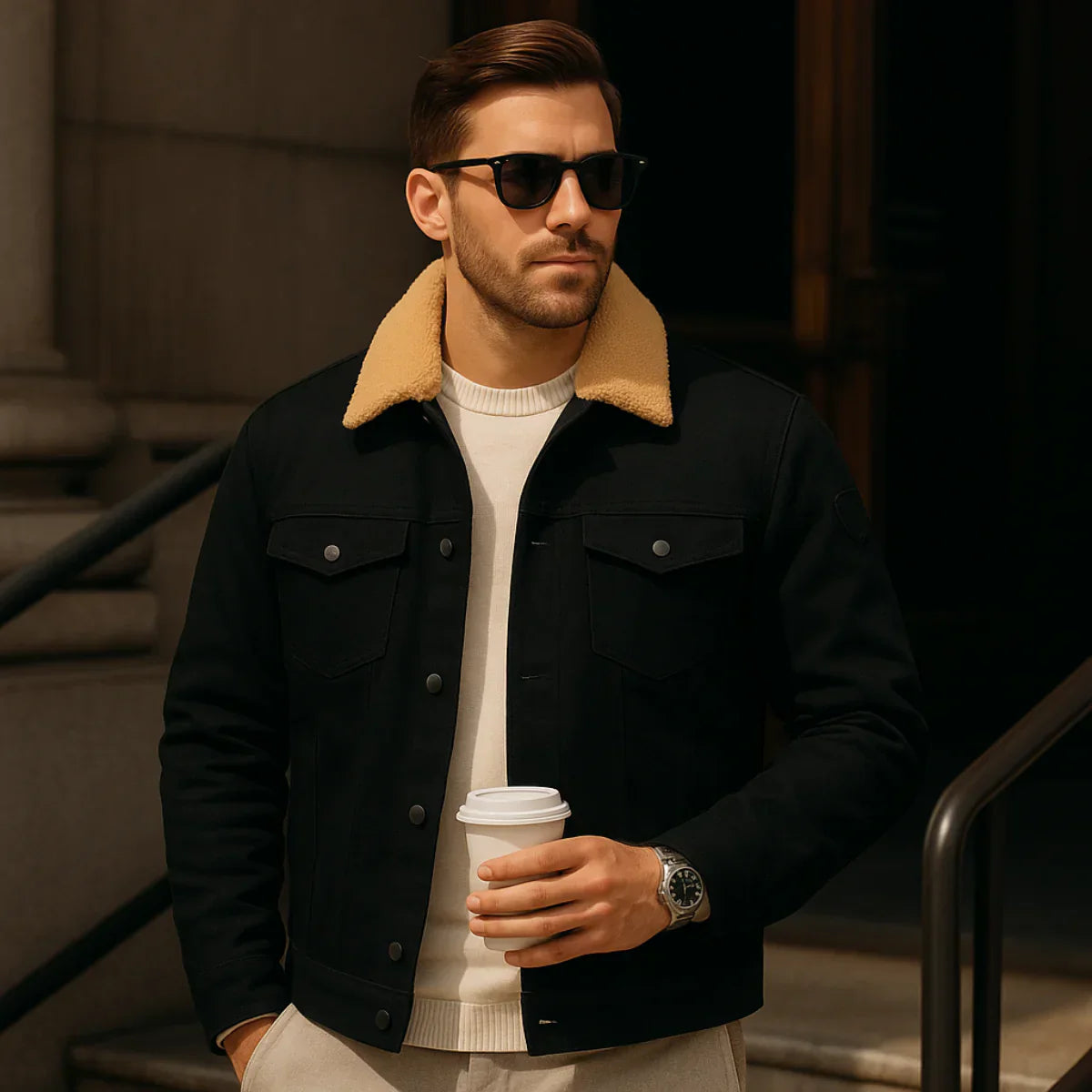 Jude | Men's Sherpa Lined Denim Jacket Black