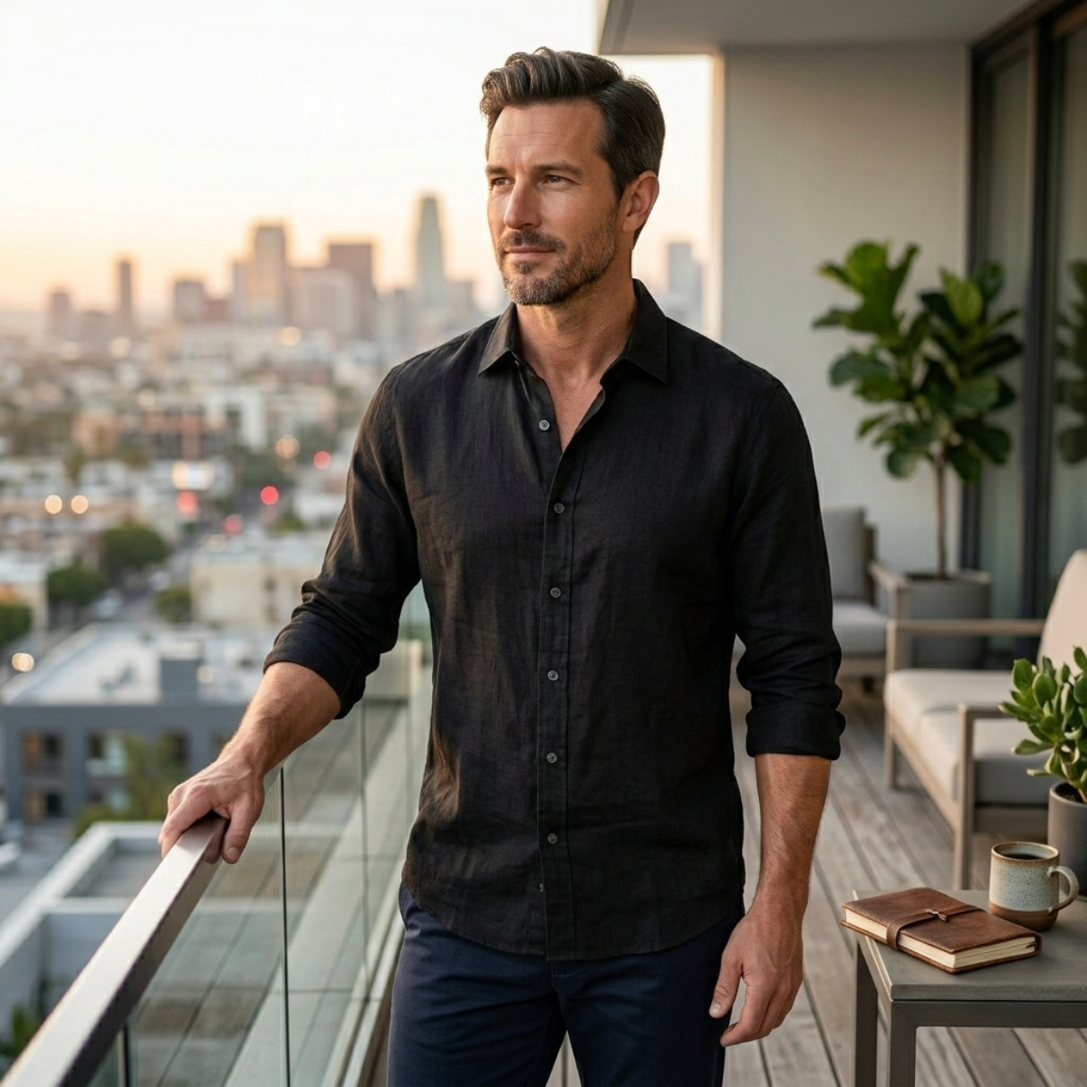 Sage | Men's Linen Button Up Shirt Black Long Sleeve