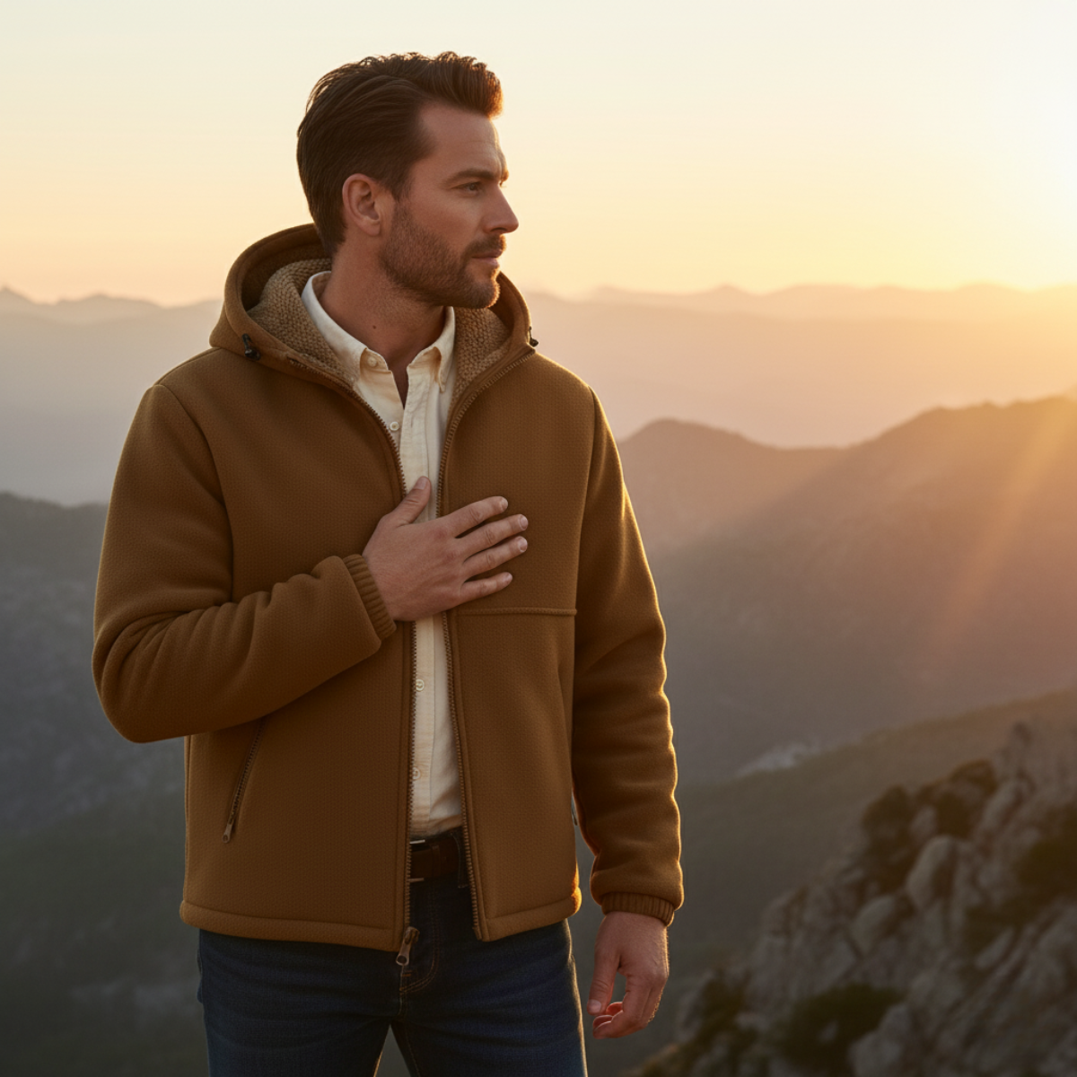 Rowan | Men's Sherpa Lined Fleece Jacket Camel Hooded
